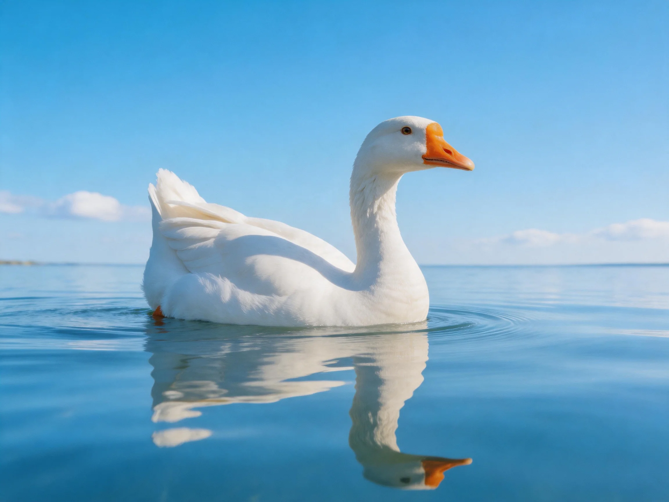 White goose swims in calm blue water under clear blue sky