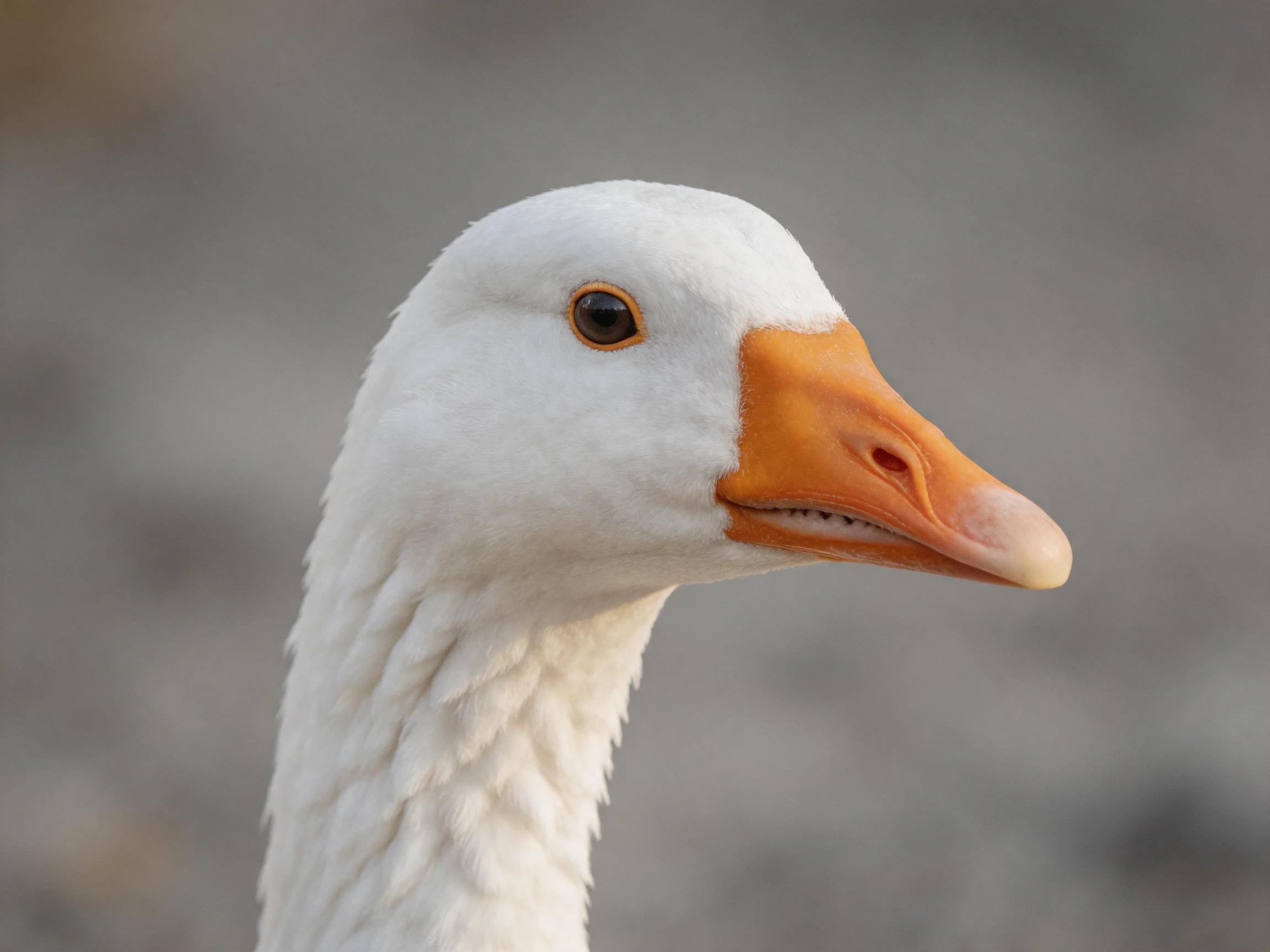 White goose with bright orange beak and soft downy feathers