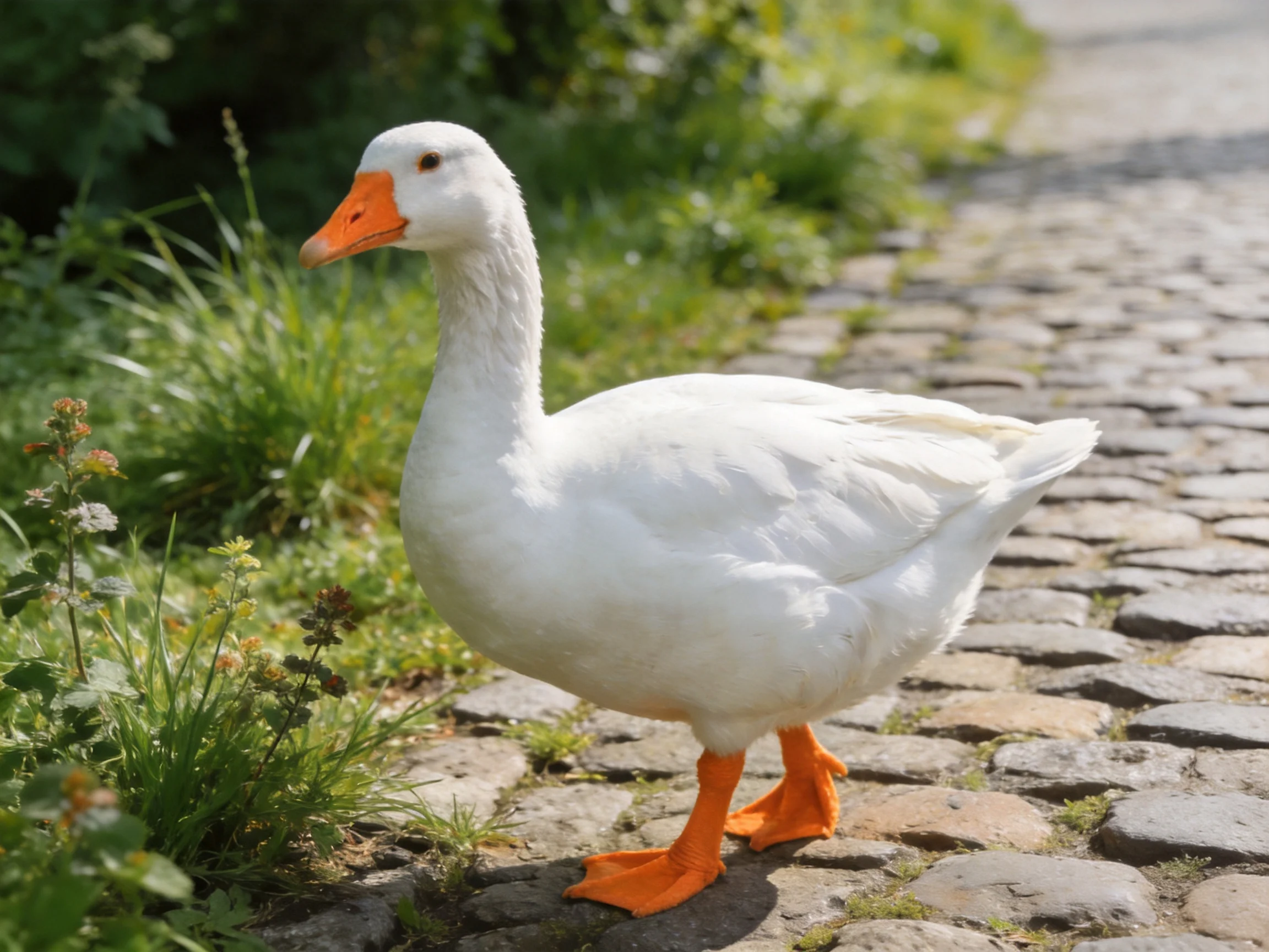White goose with bright orange beak walking on cobblestone path beside greenery