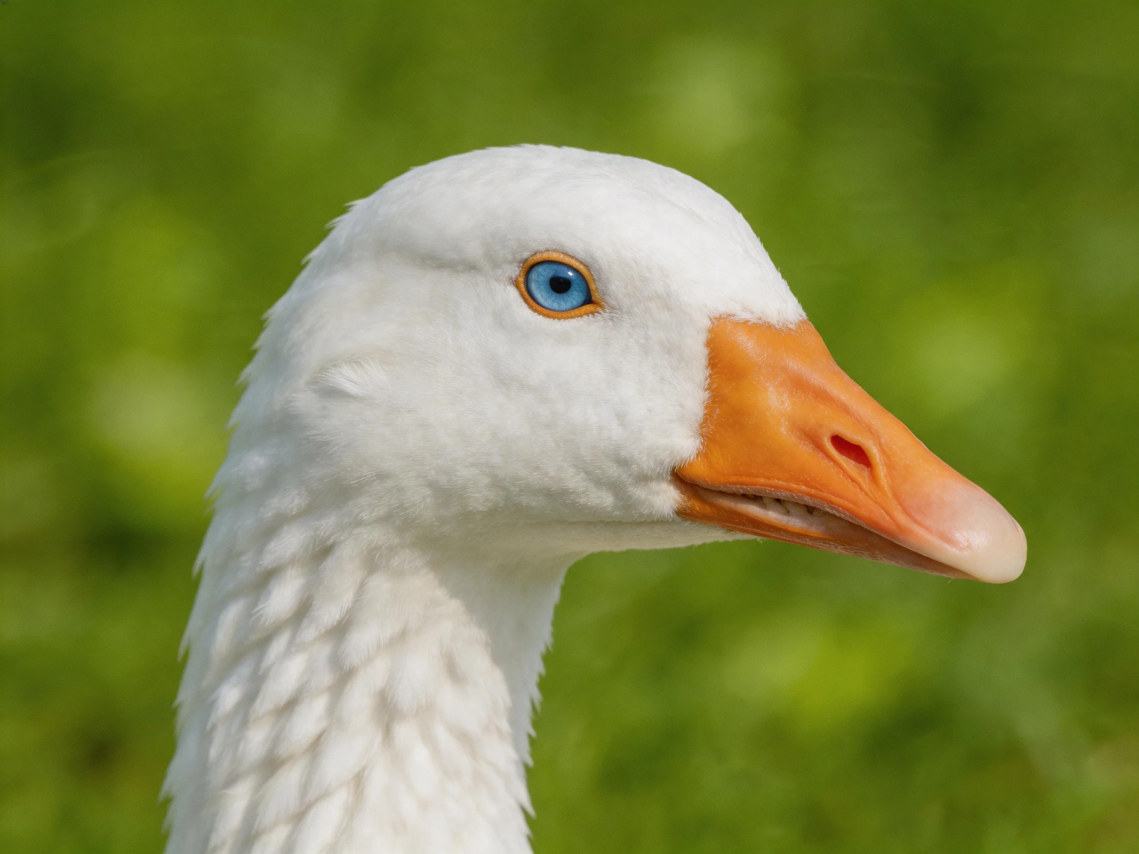 White goose with orange beak and blue eye near green foliage