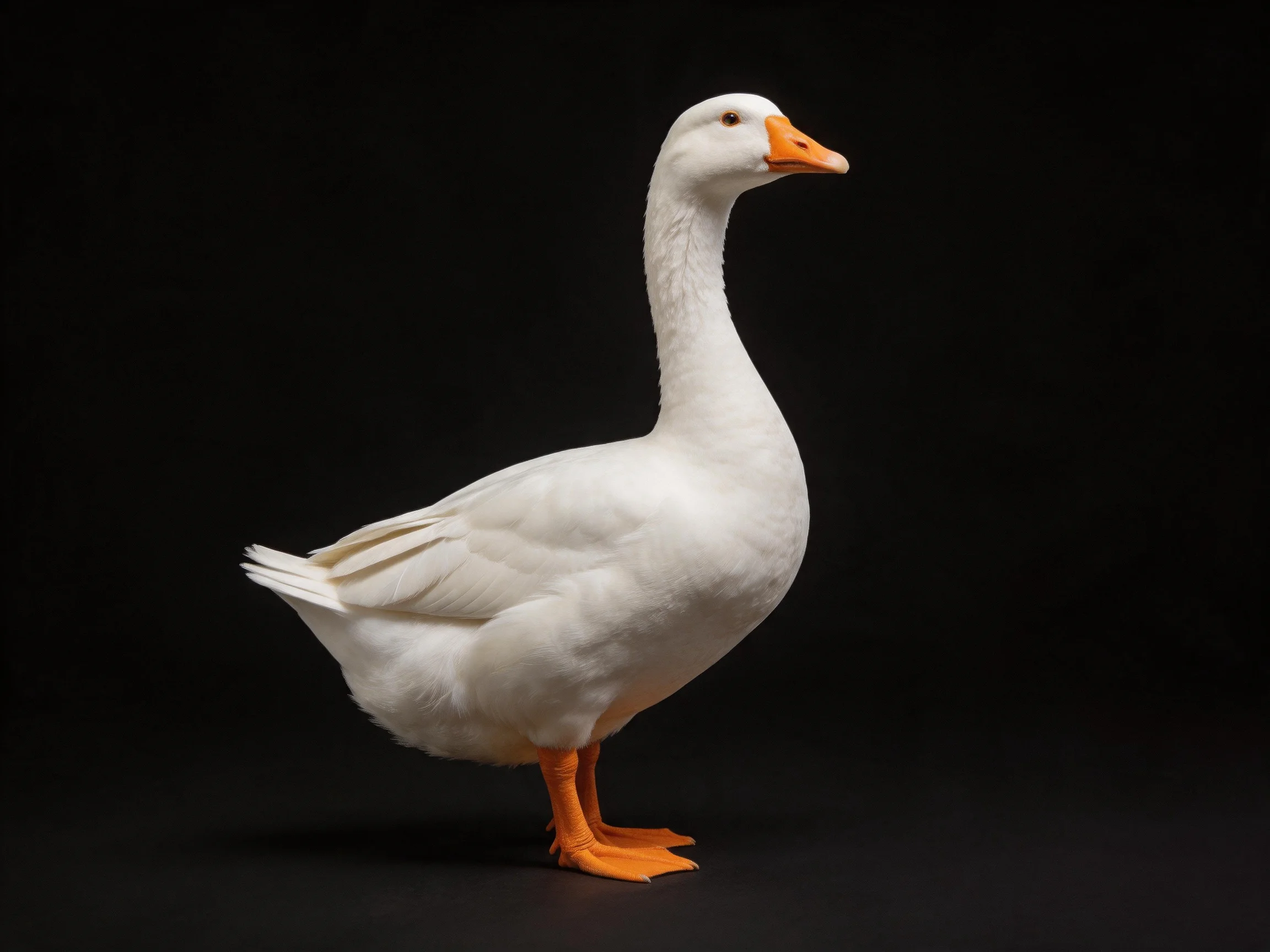 White goose with orange beak and feet on a black backdrop