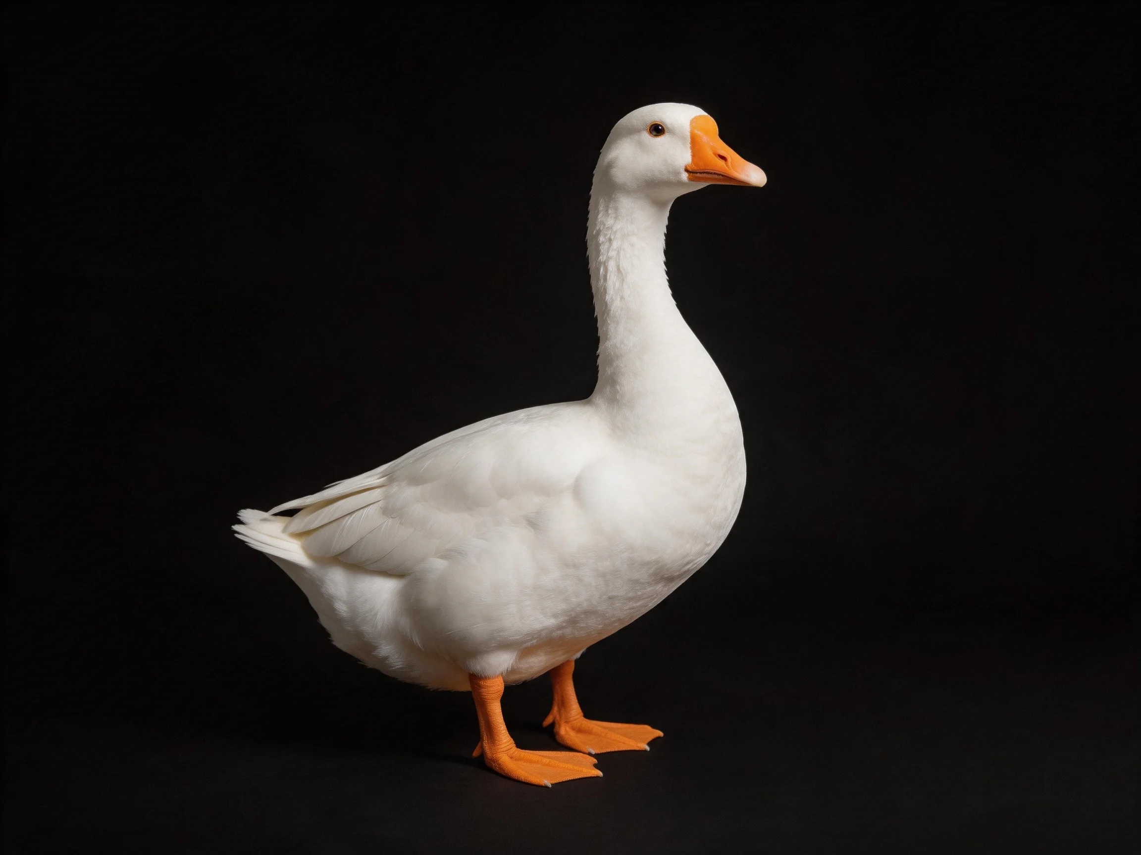 White goose with orange beak and feet on solid black background