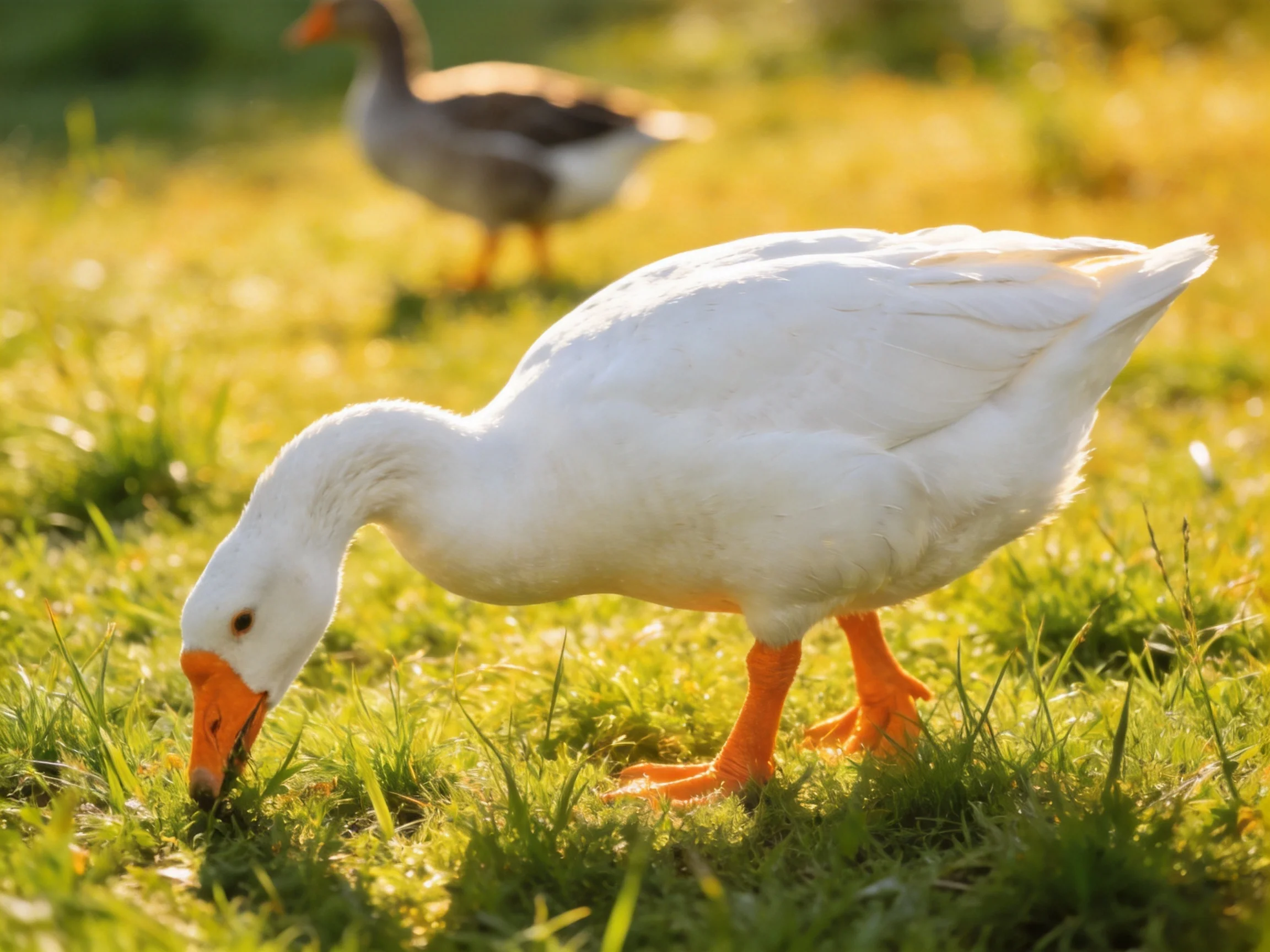 White goose with orange beak forages on grass near a gray goose under sunny light