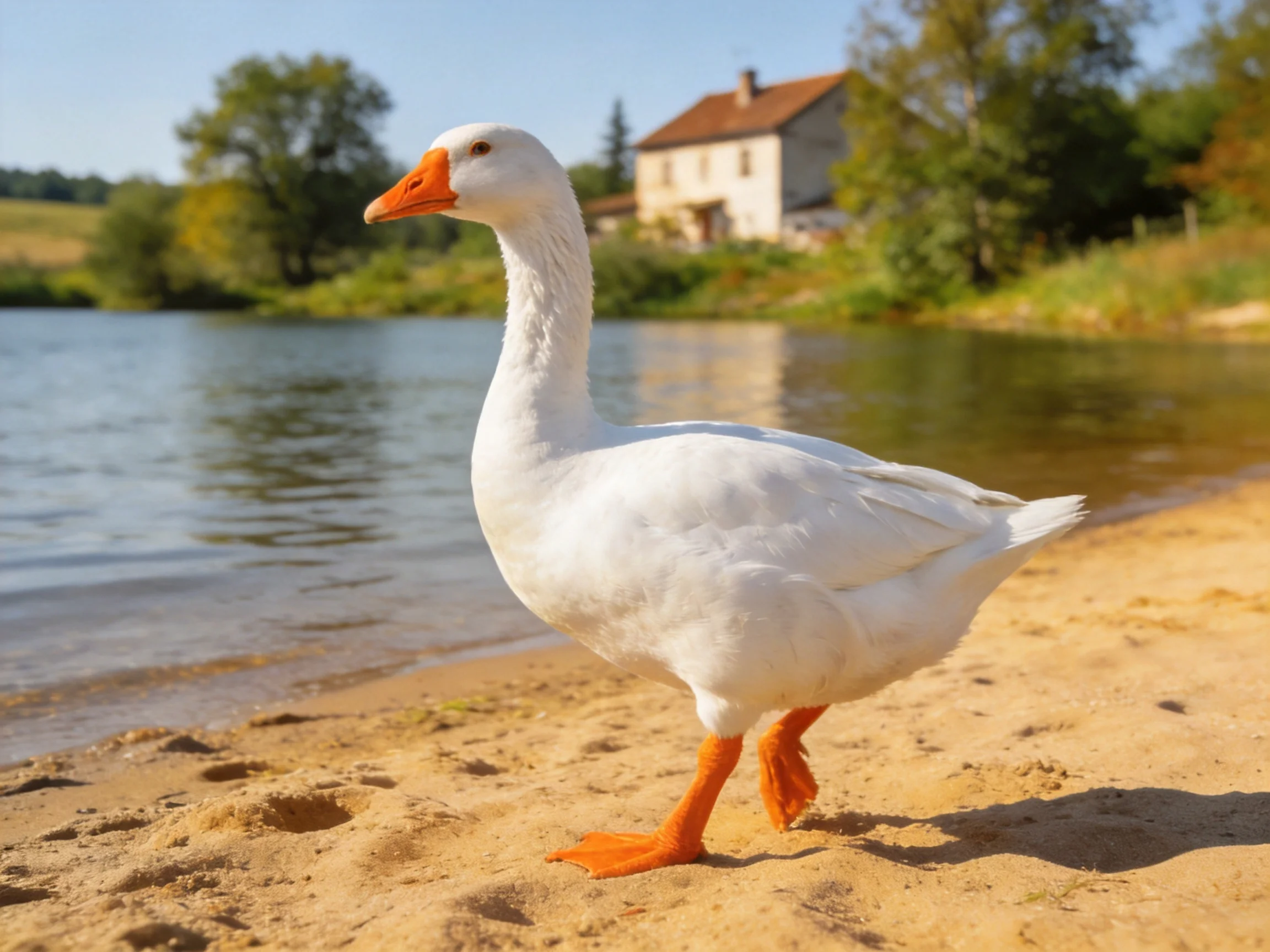 White goose with orange beak strolling along sandy lakeshore near a house