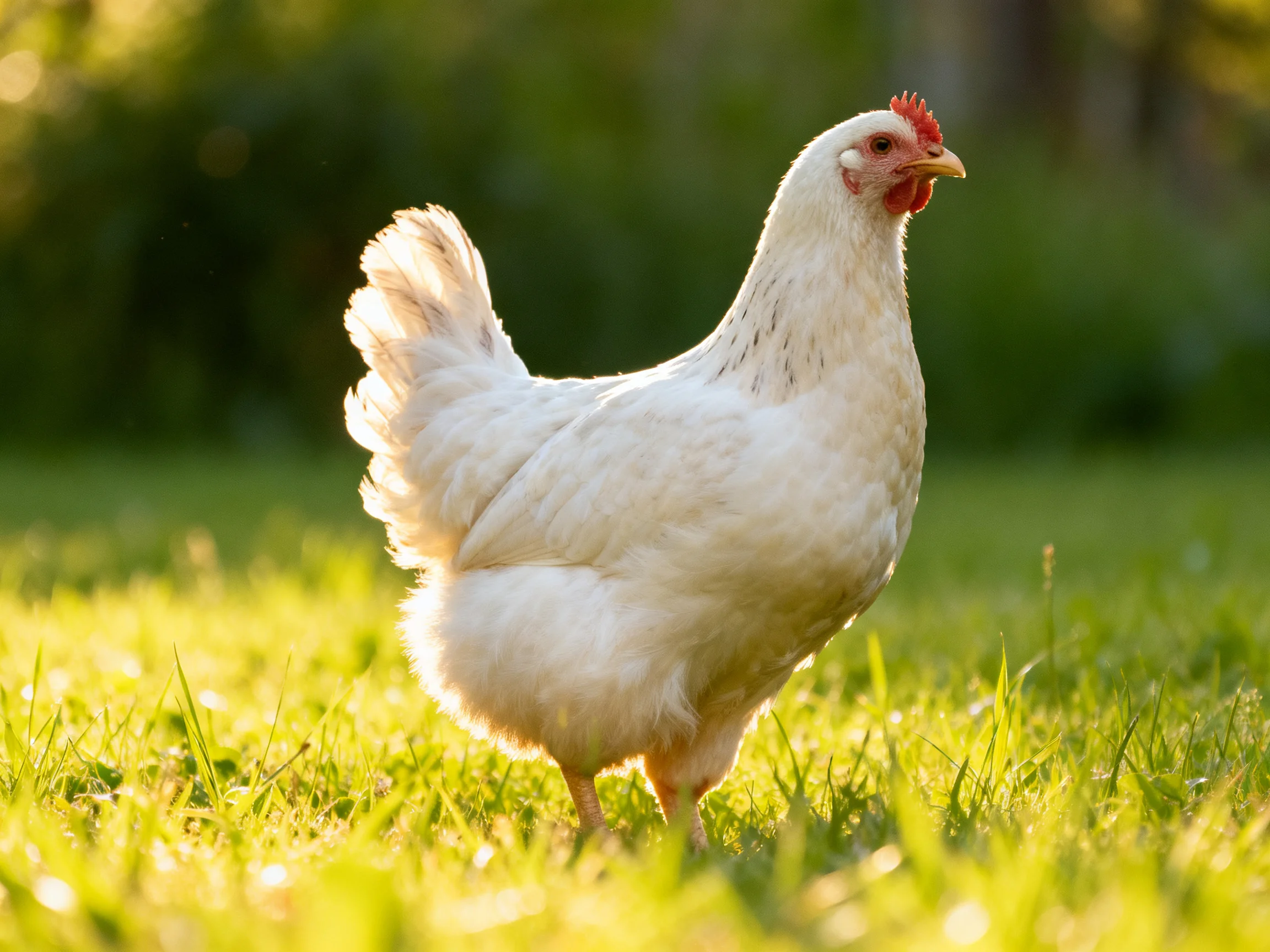 White hen with fluffy feathers on sunlit green grass