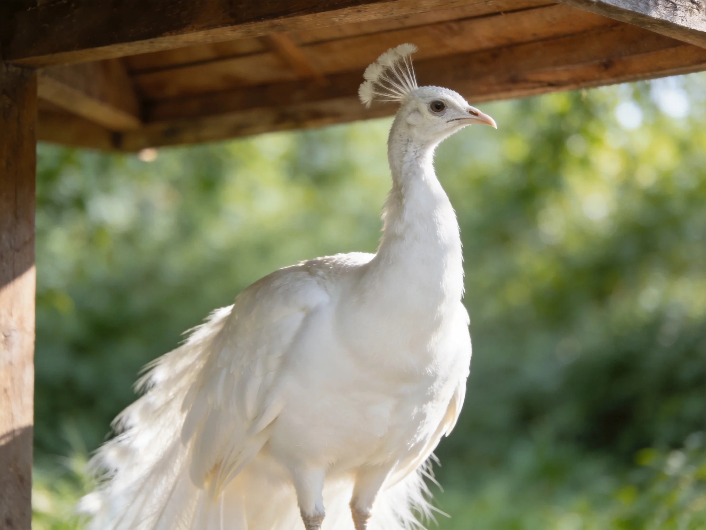 White peacock displaying elegant plumage beneath wooden shelter