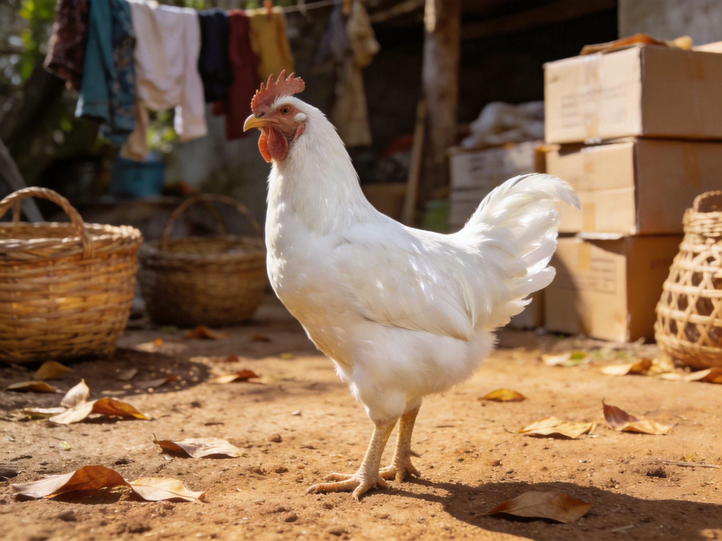 White rooster near wicker baskets and stacked cardboard boxes