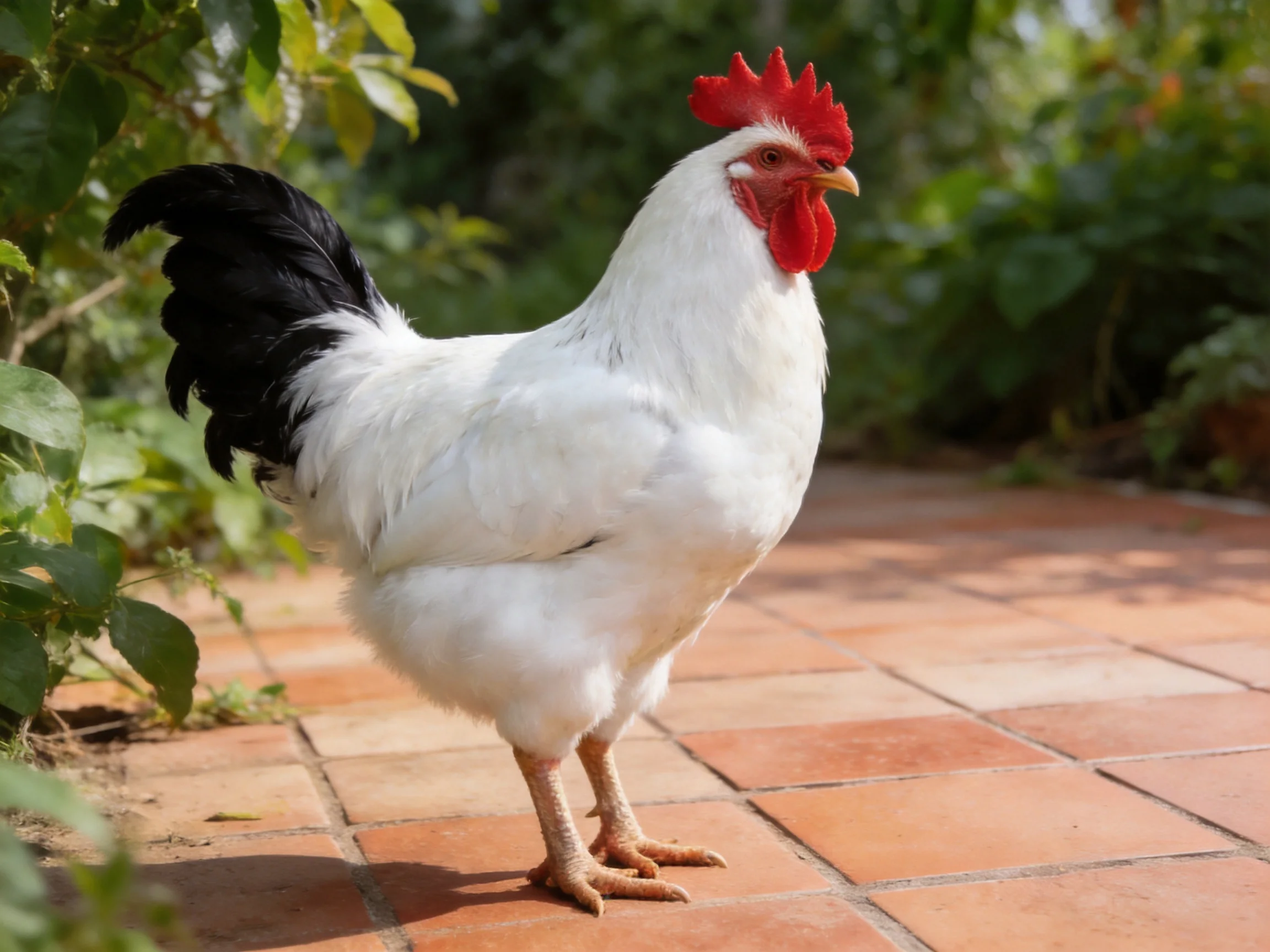 White rooster with black tail on terracotta tiles near greenery