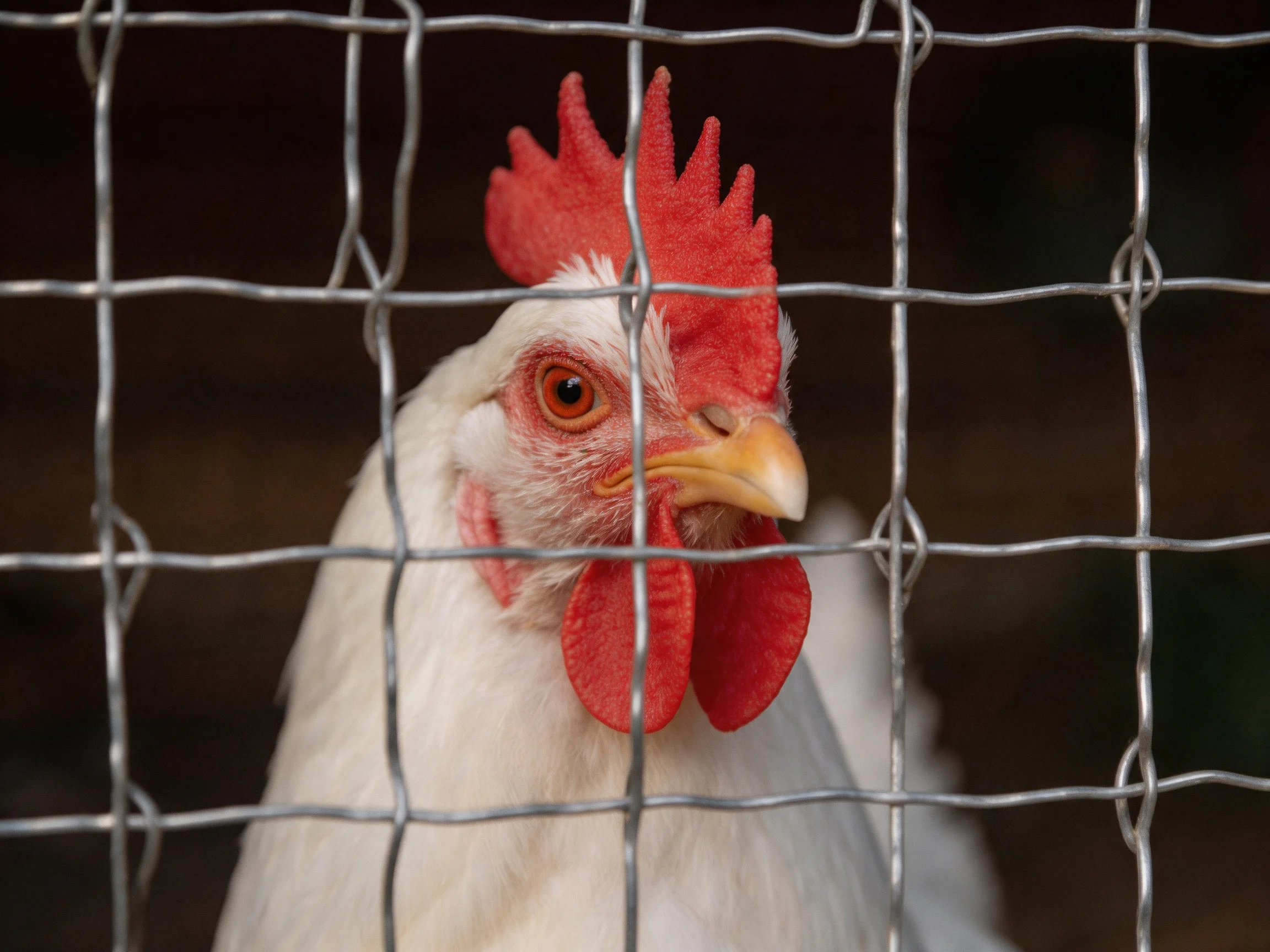 A white rooster with red facial features is enclosed by a metal wire fence.