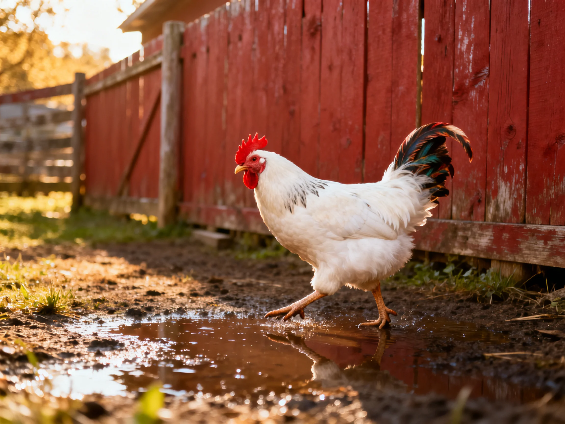 A white rooster with a red comb walks by a red wooden fence near a muddy puddle.