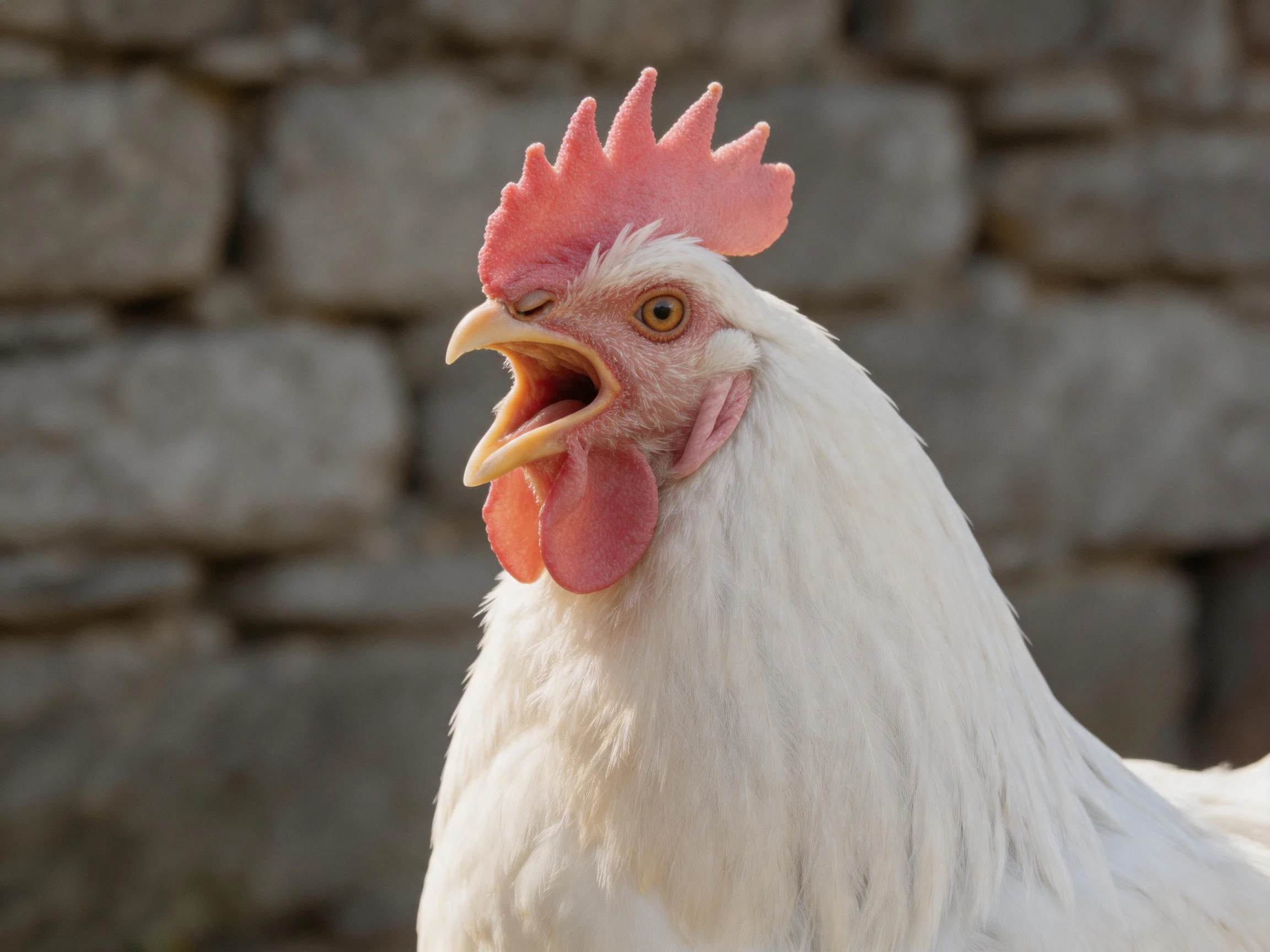 White rooster with pink comb vocalizing near gray stone wall