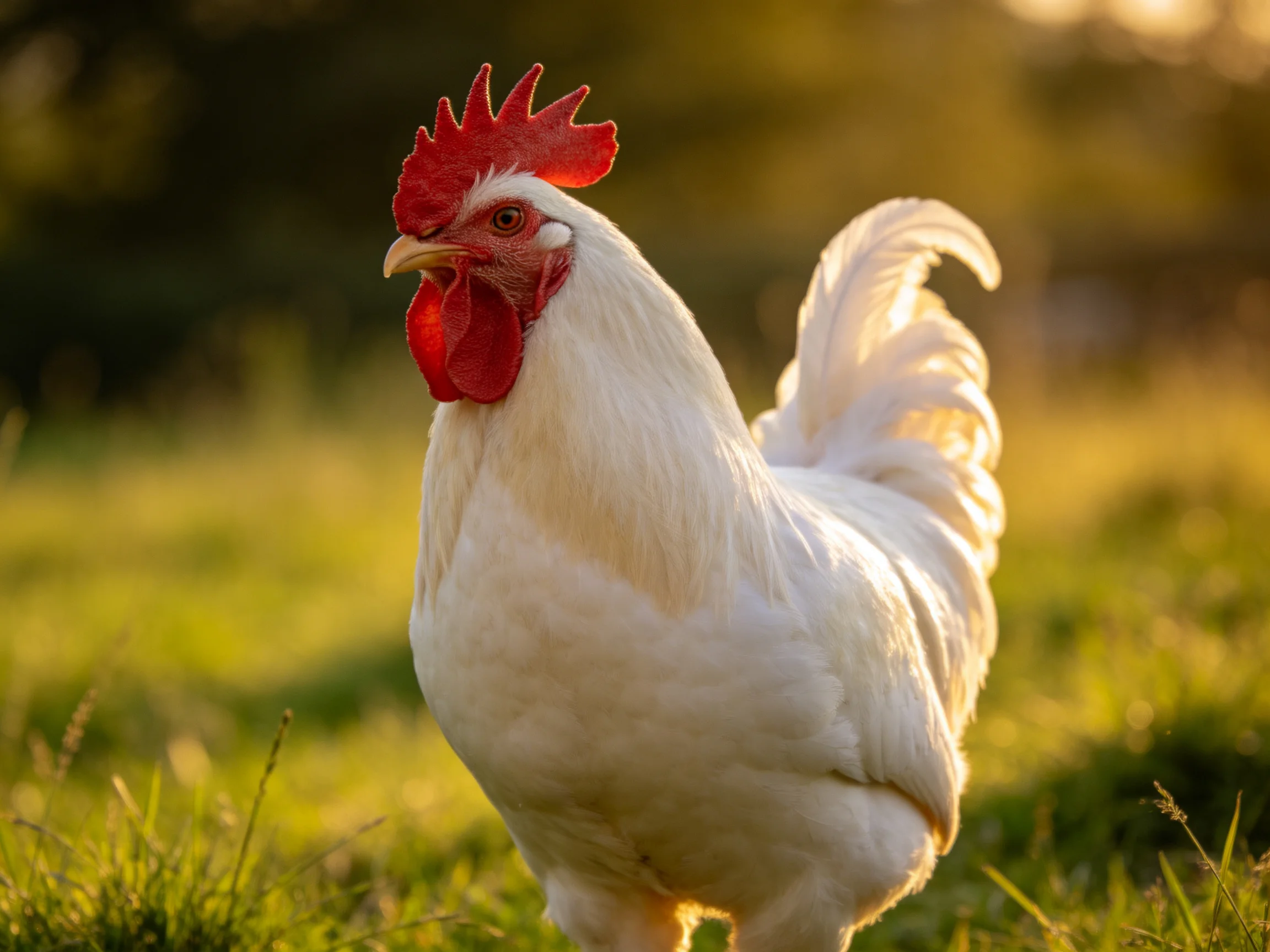 White rooster with red comb in sunlit grassy field