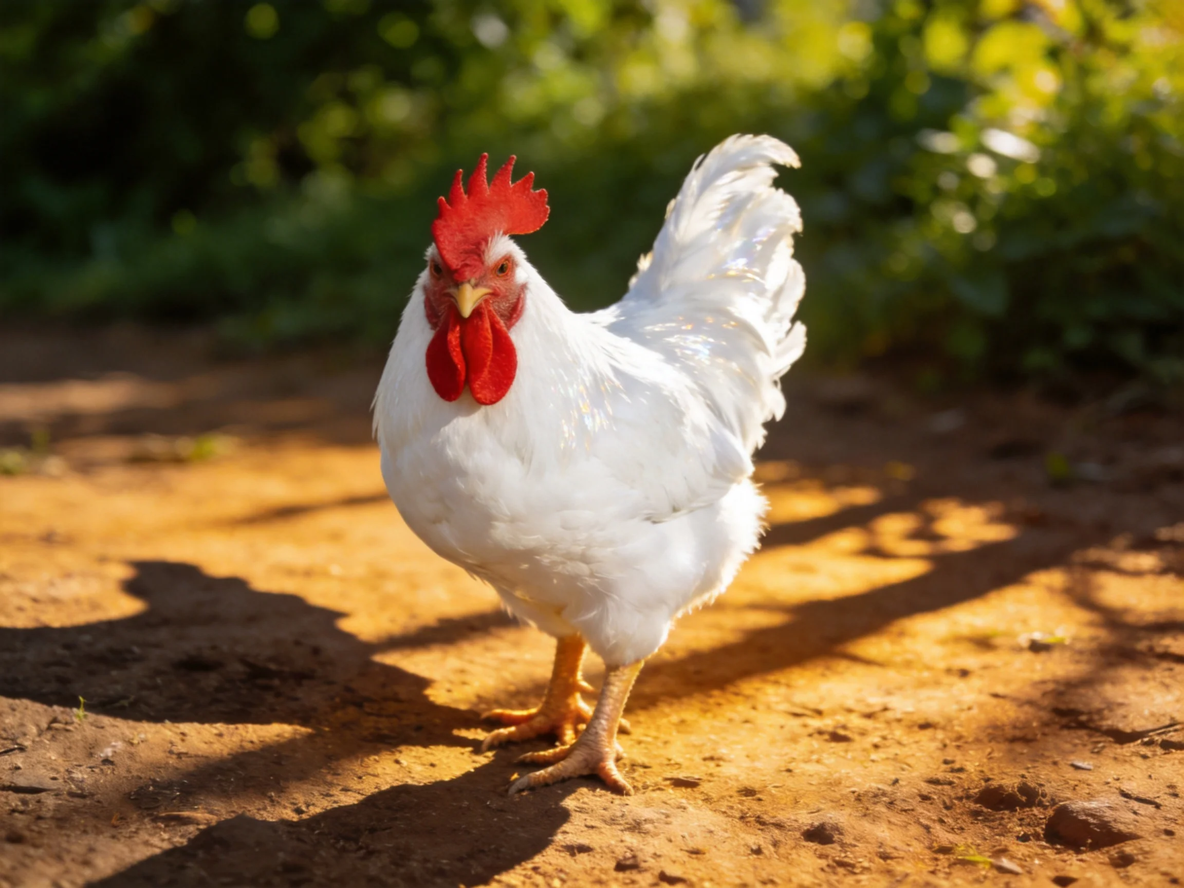 A white rooster with red comb stands on sunlit dirt near greenery.