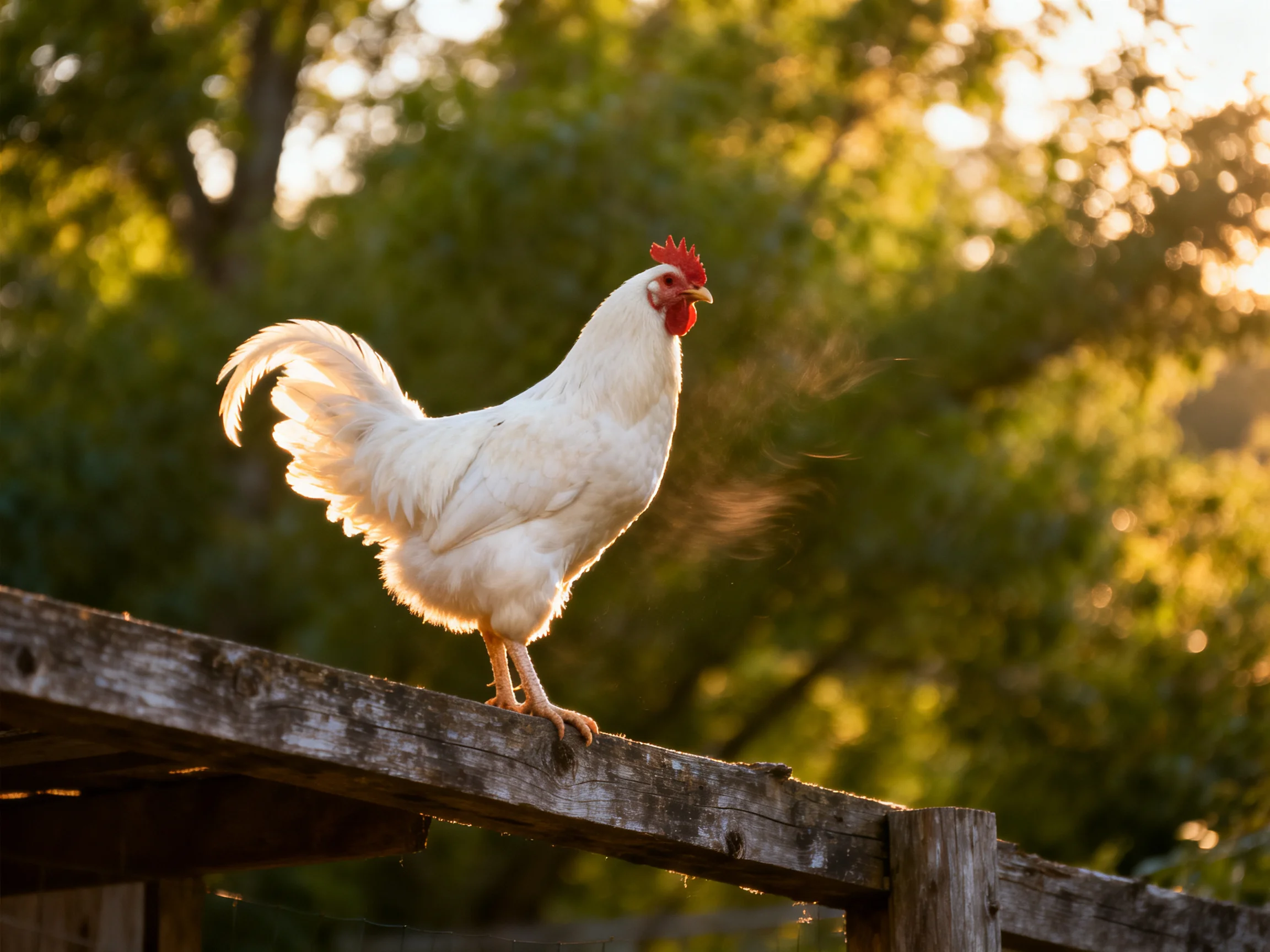 White rooster with red comb perched on weathered wooden fence in golden light