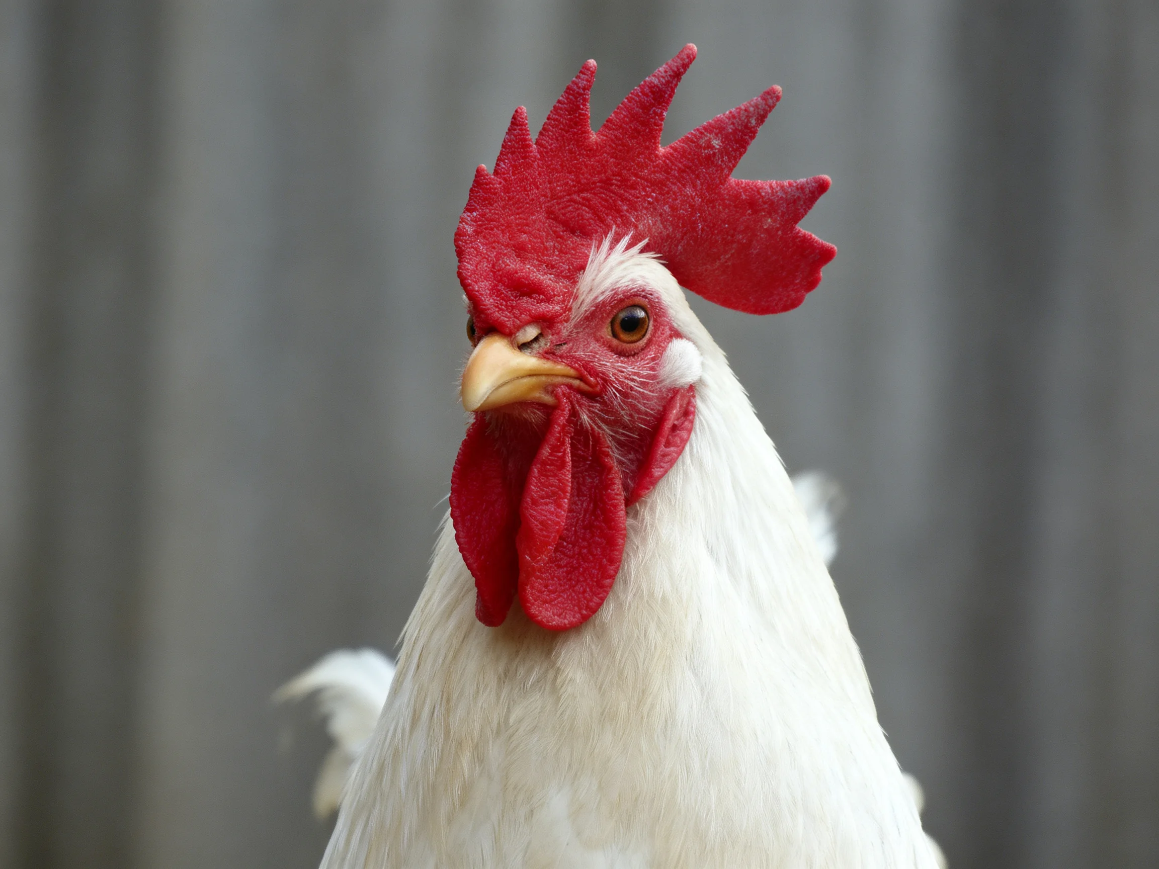White rooster with vibrant red comb and wattles on blurred gray background