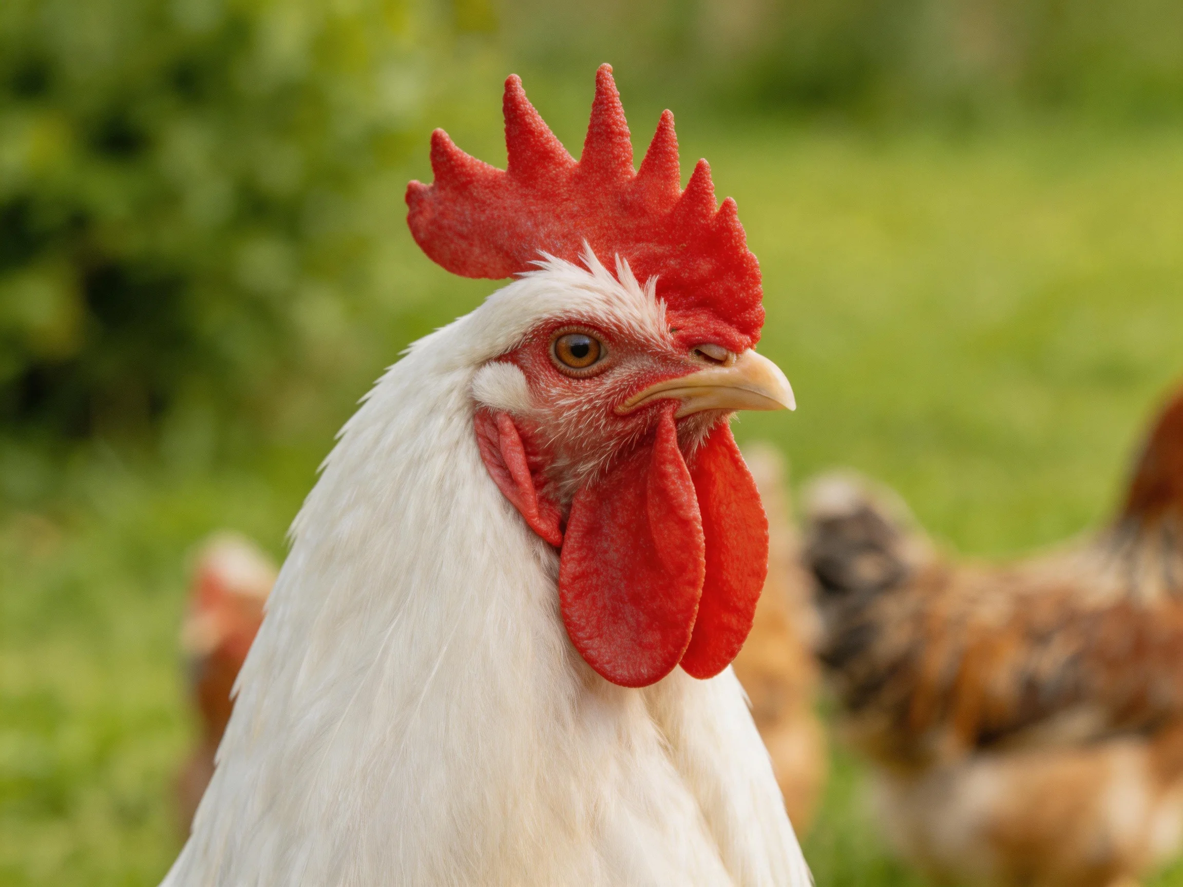 White rooster with vibrant red comb in green pasture