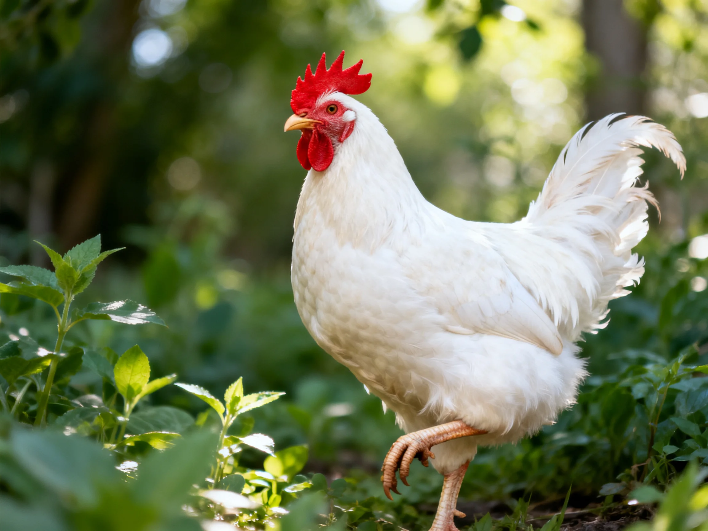 A white rooster with a red comb walks through dense green vegetation.