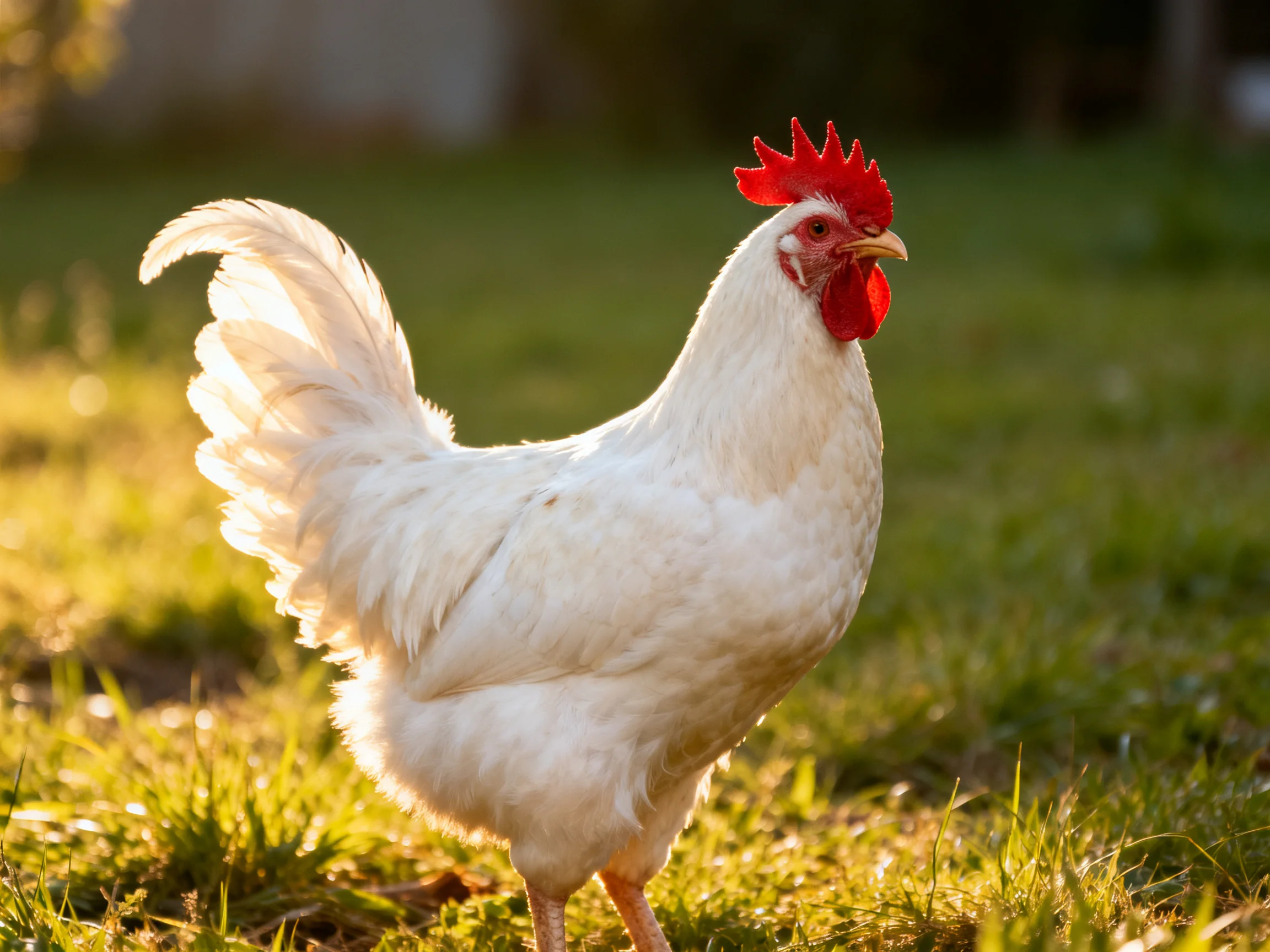 A white rooster with a red comb stands on sunlit grass.