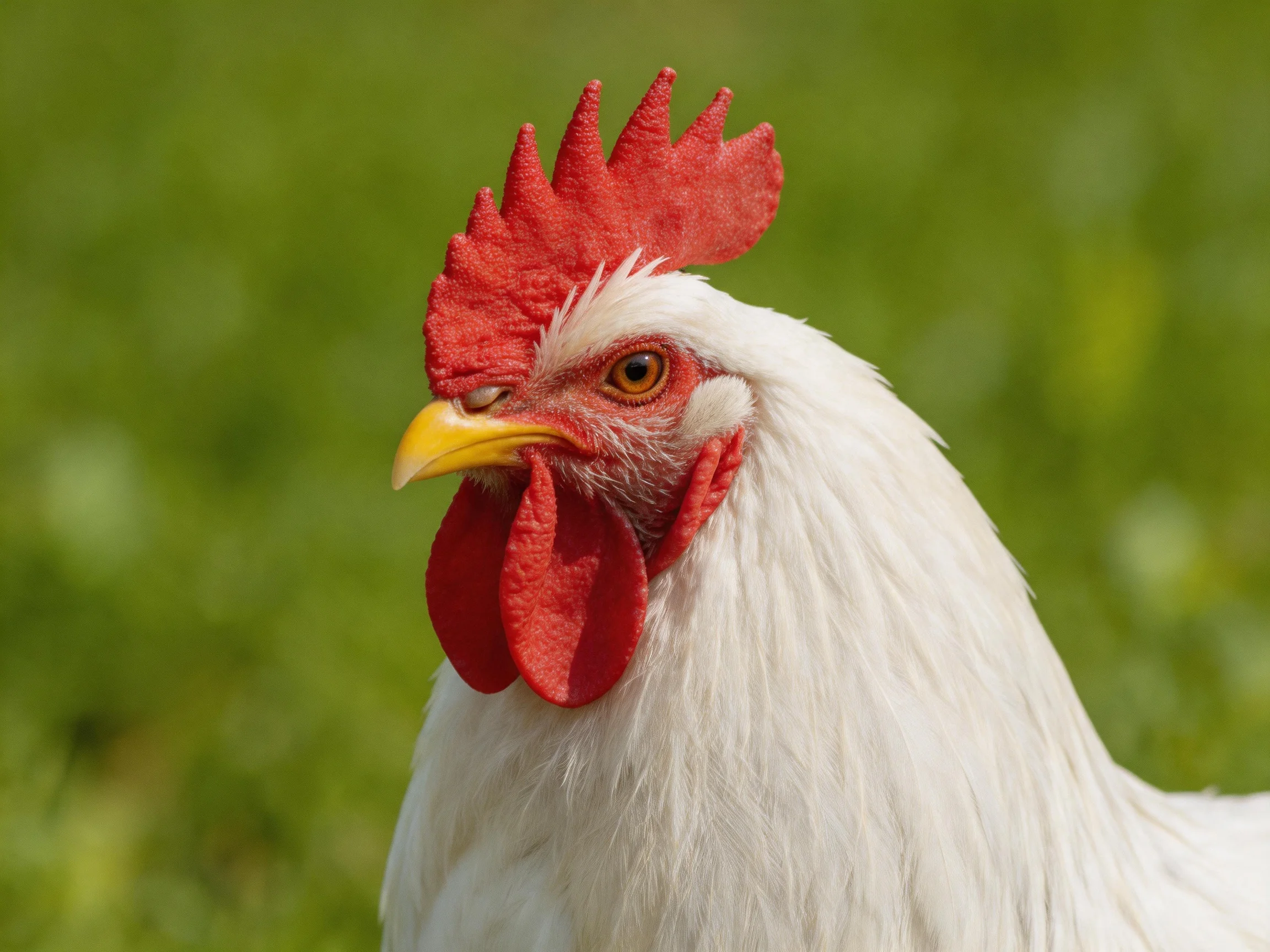 White rooster with vivid red comb and wattles in a green field