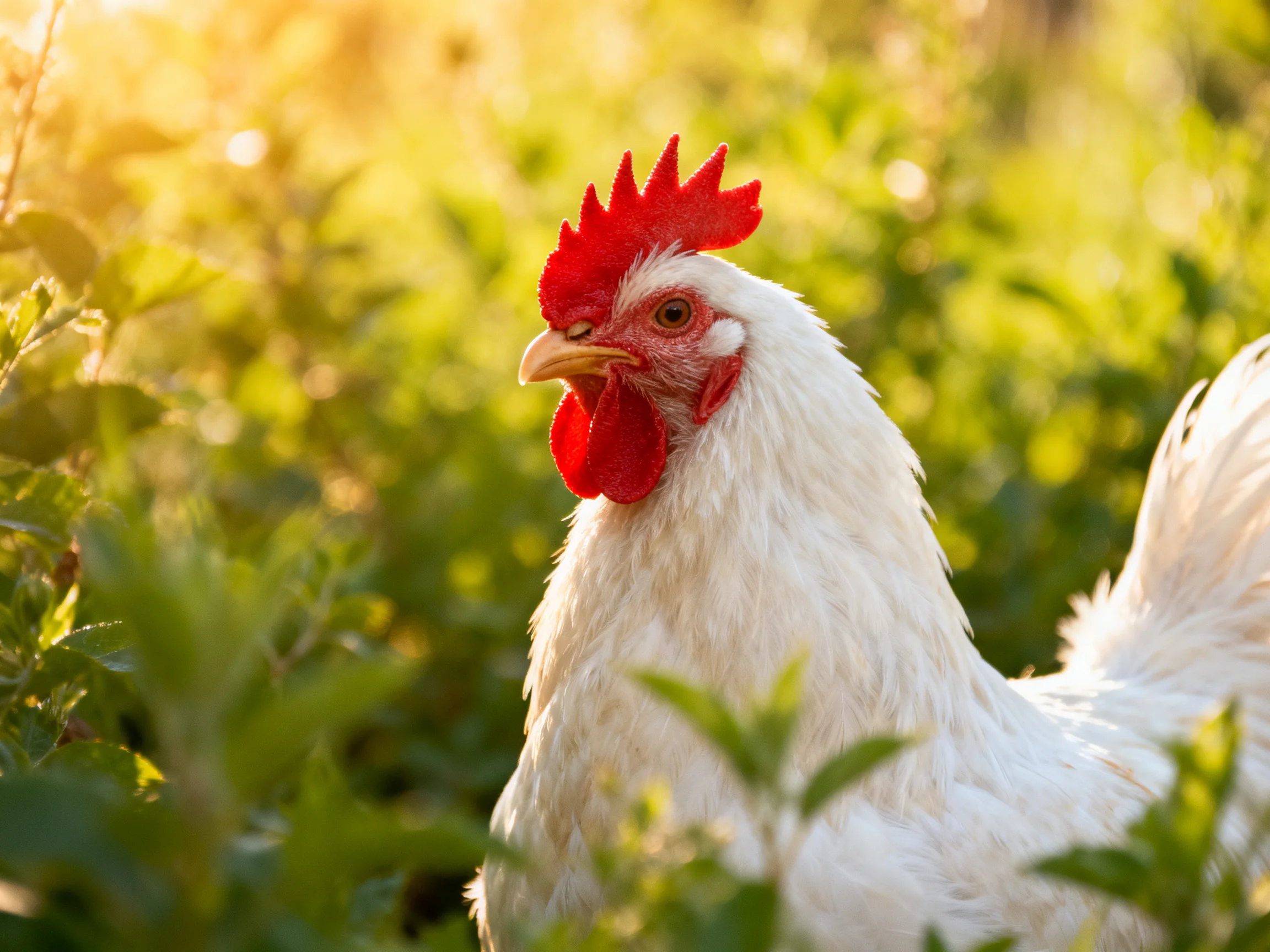 White rooster with vivid red comb insunlit greenery