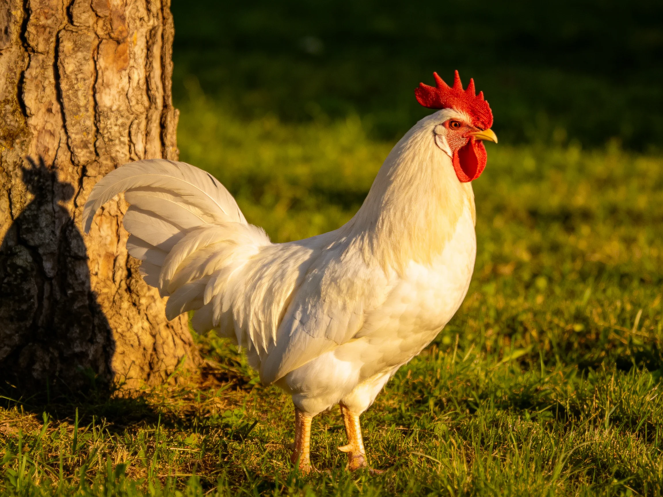 White rooster with vivid red comb near a textured tree in sunlit grass
