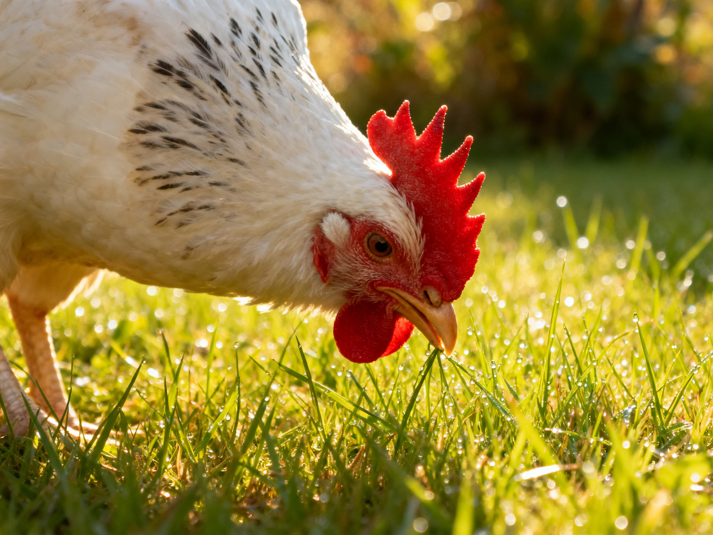 A white-spotted chicken with a red comb forages among dewy green grass.