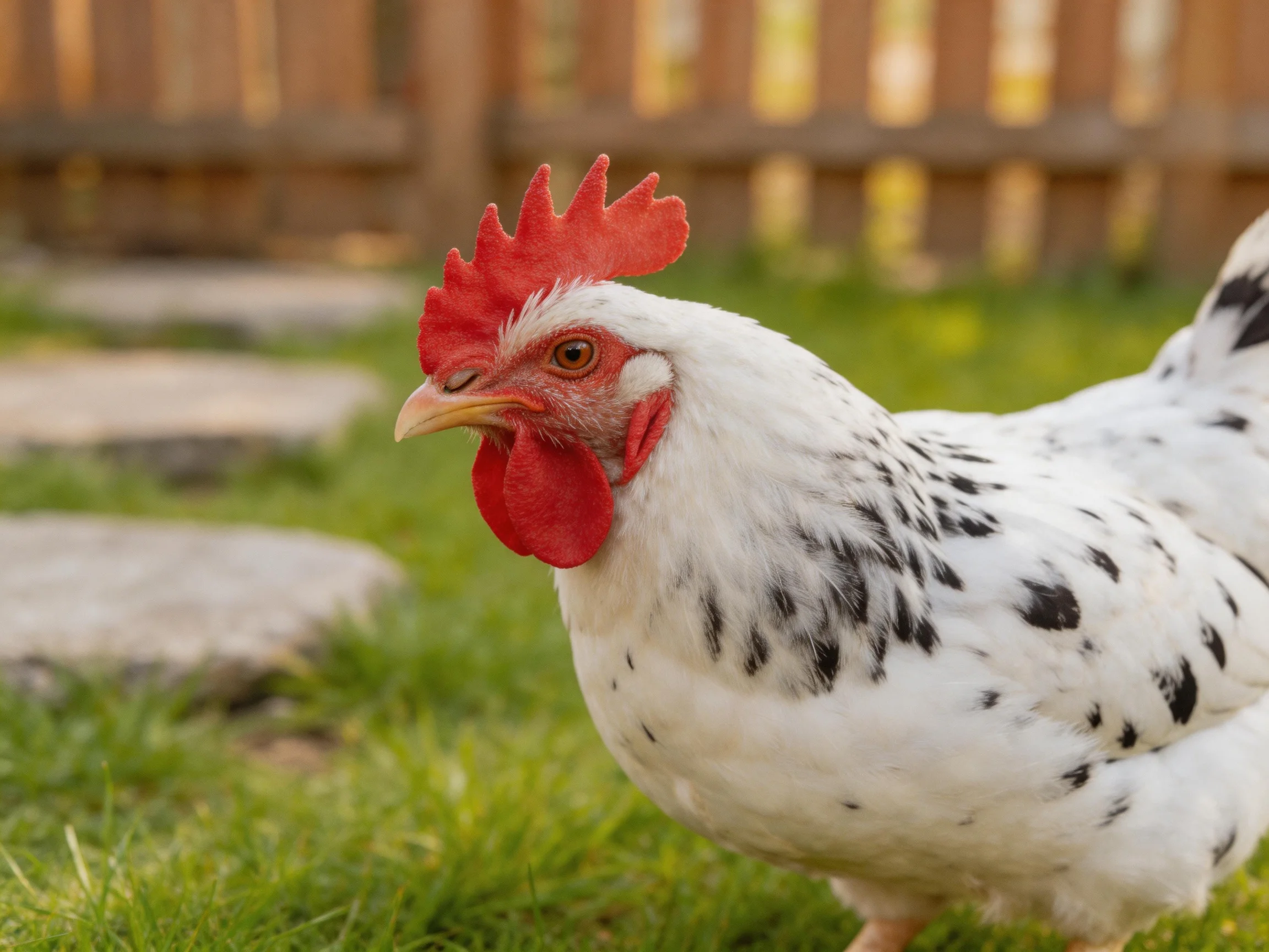White-spotted chicken with red comb on grass near wooden fence