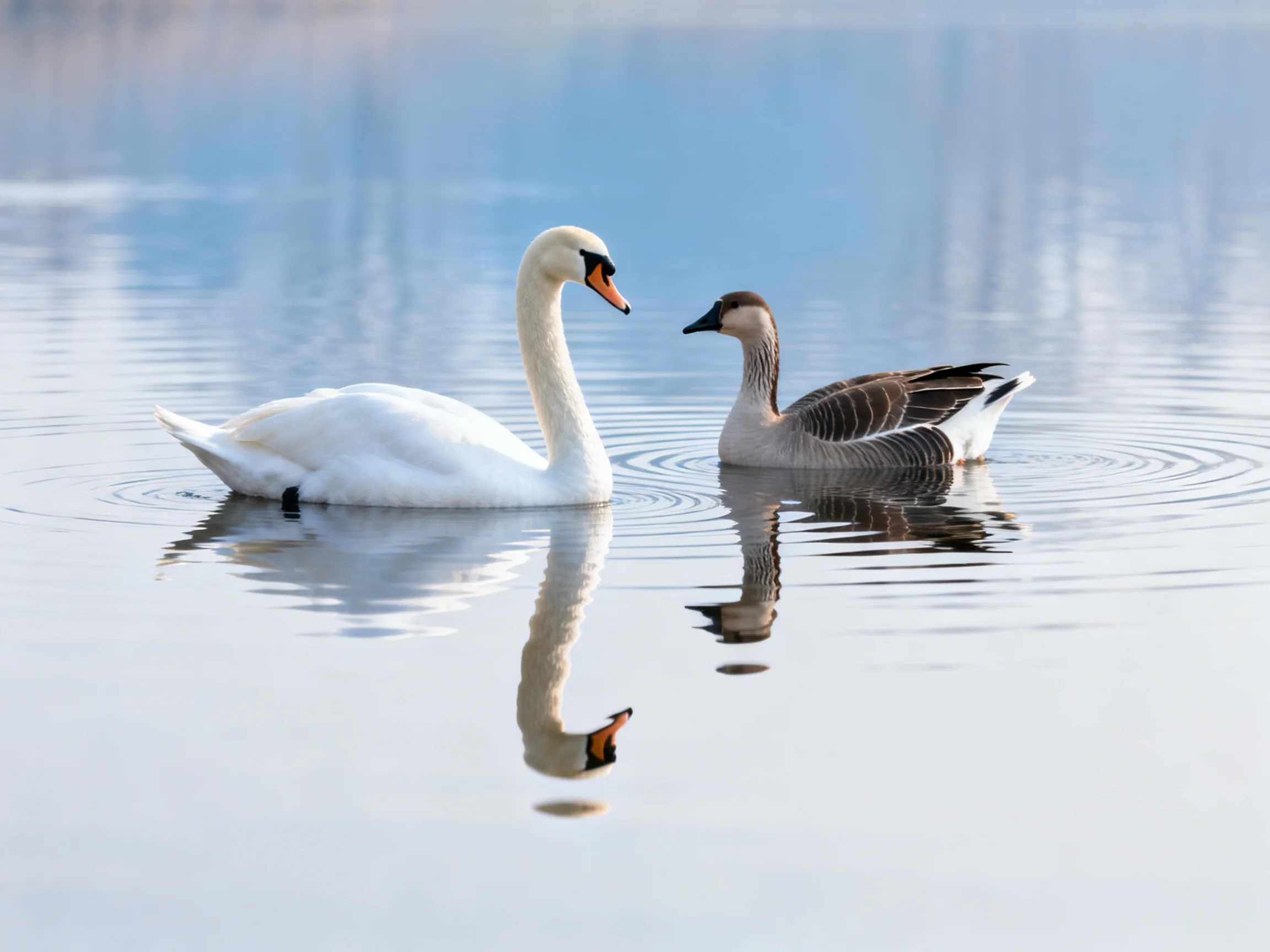White swan and brown goose swim on calm water