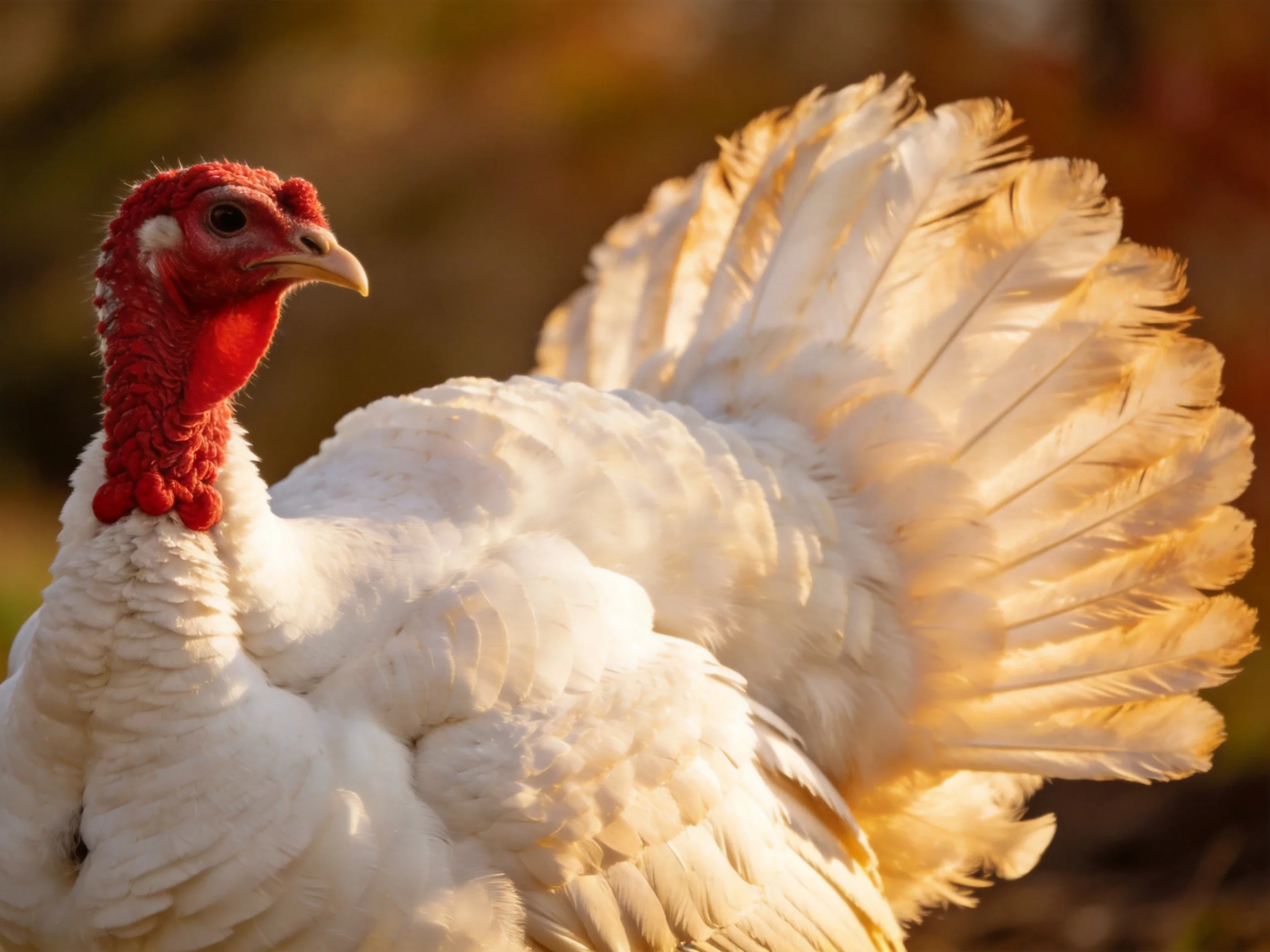 White turkey with bright red head and fanned tail feathers