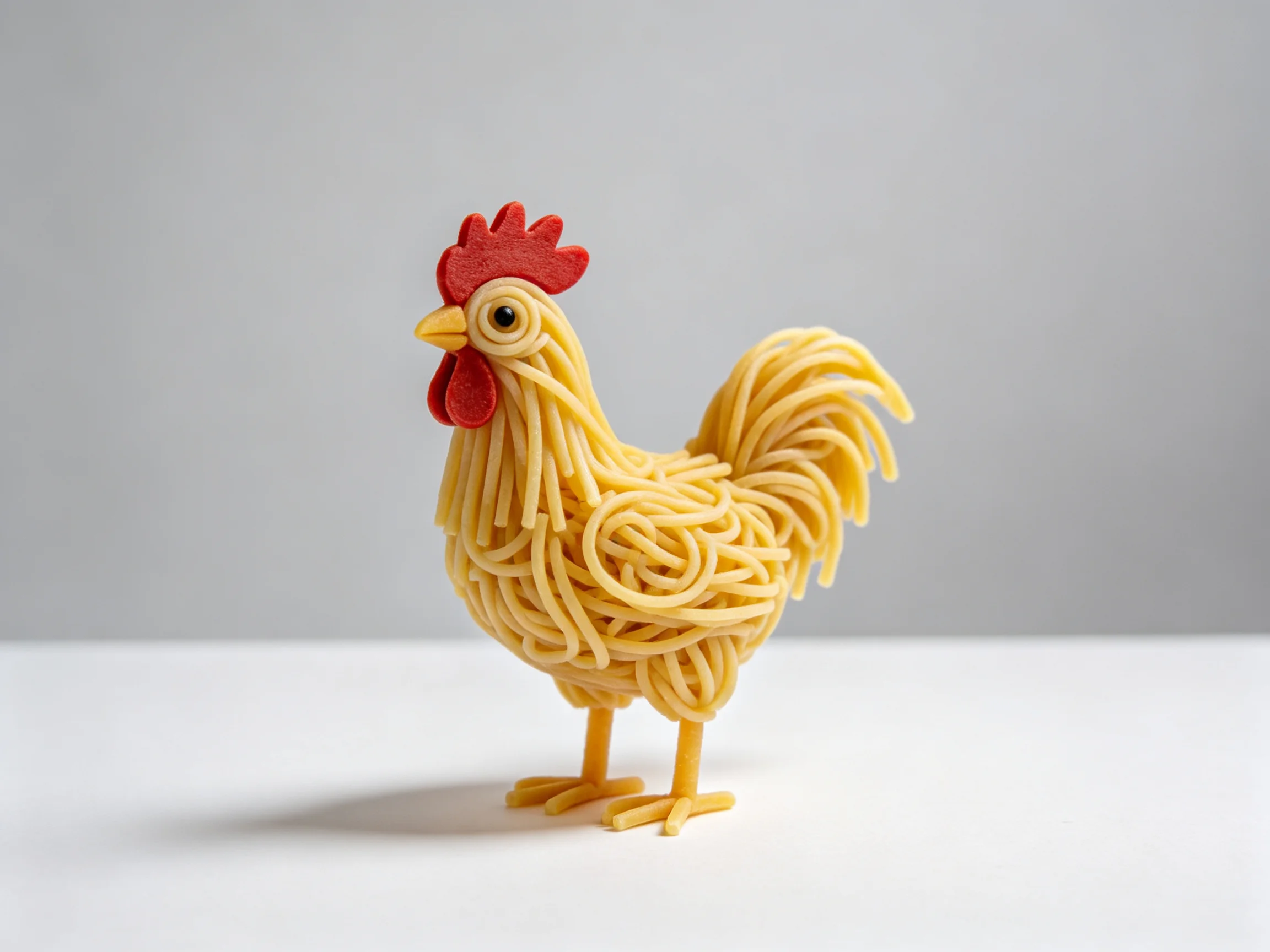 Yellow spaghetti chicken sculpture with red comb and beak