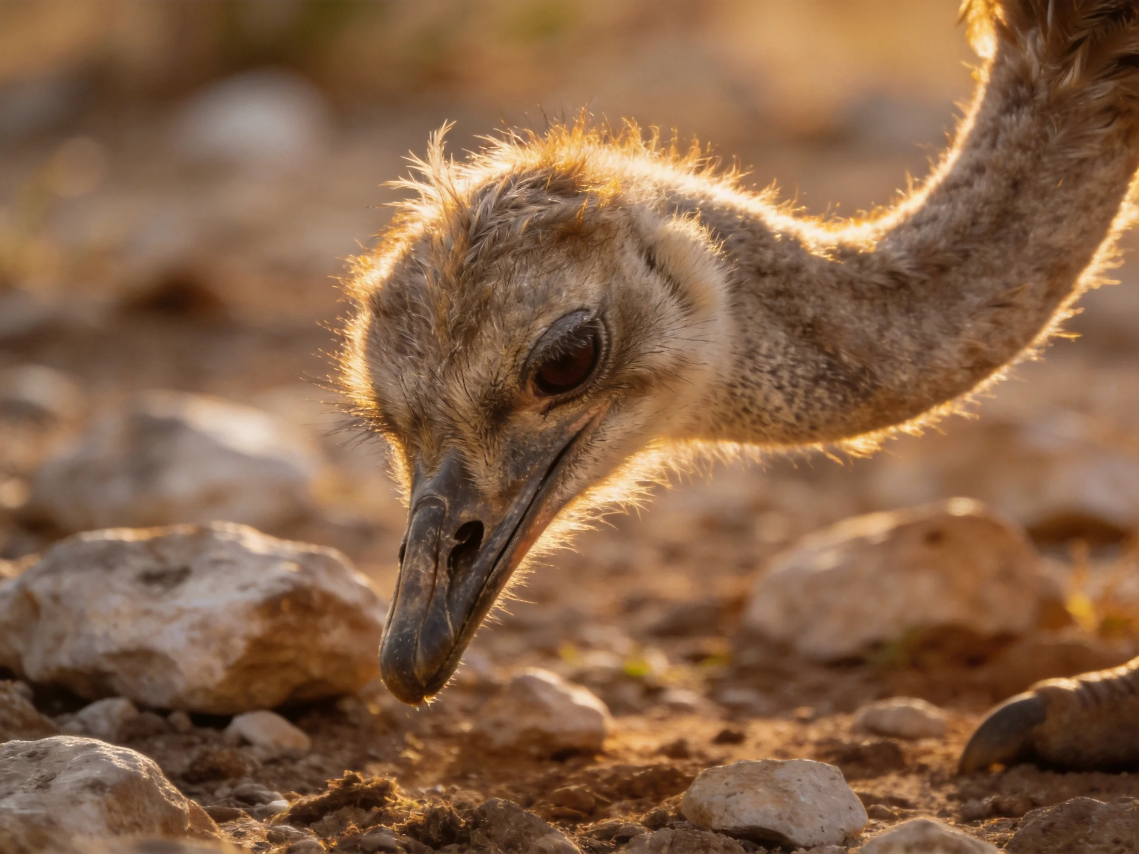 Young ostrich chick with long neck exploring rocky ground under warm sunlight