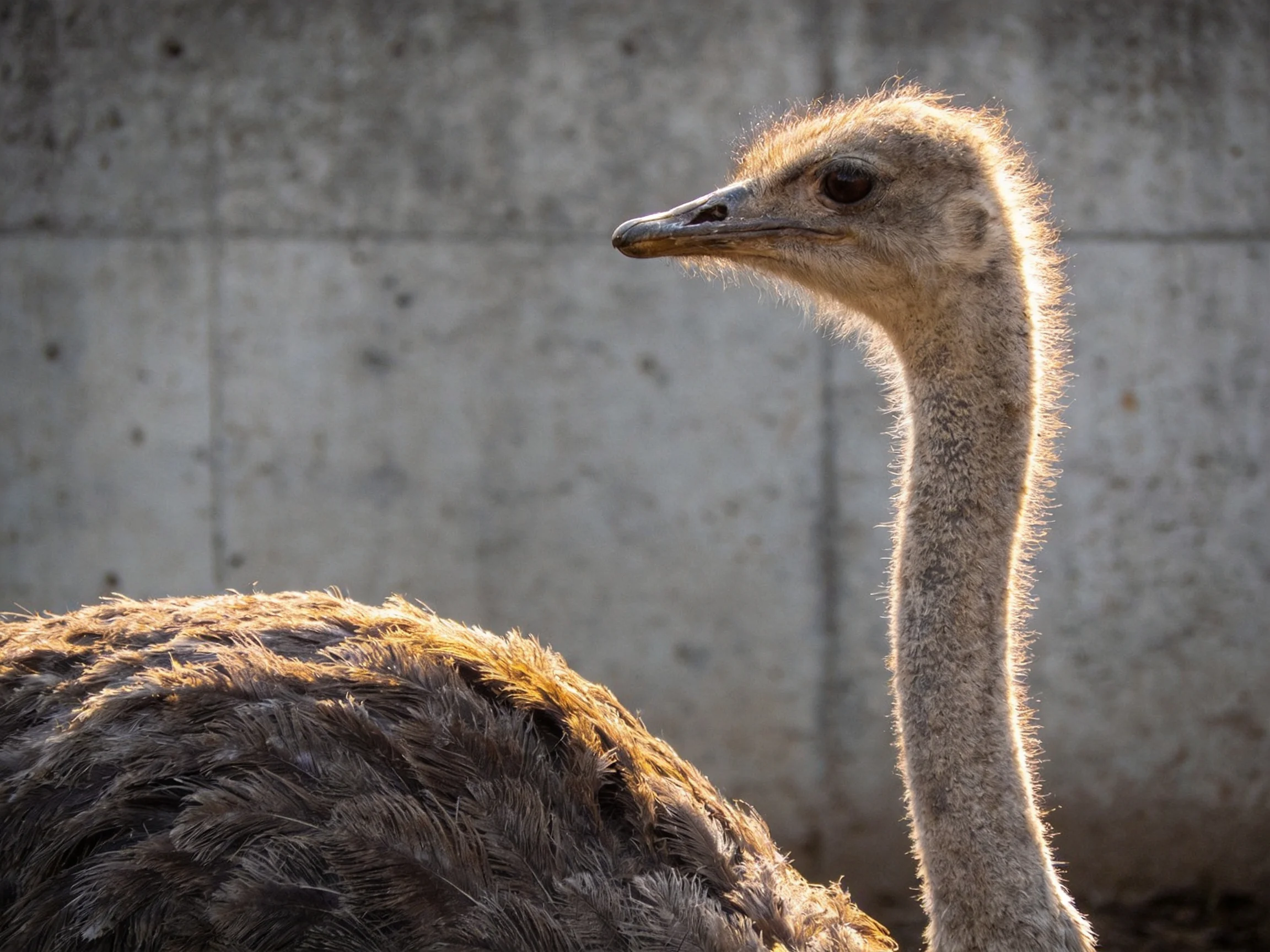 Young ostrich with soft brown feathers near a concrete wall
