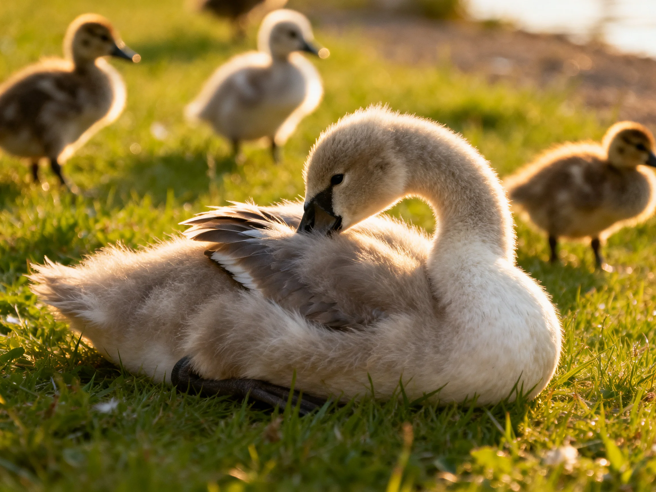 Young swan preening with ducklings on sunlit grass