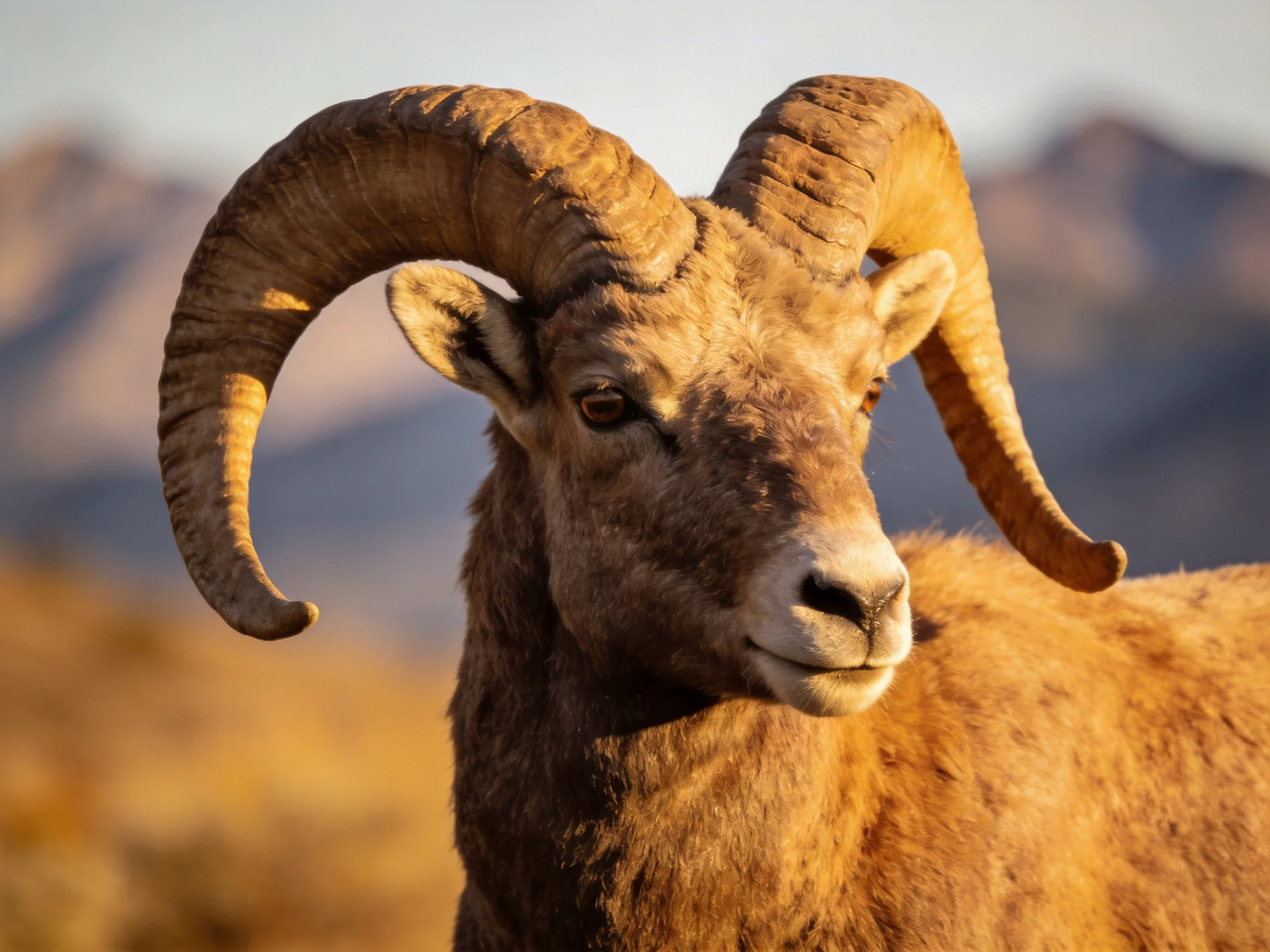 A Bighorn Sheep with Large Curved Horns in a Mountainous Landscape