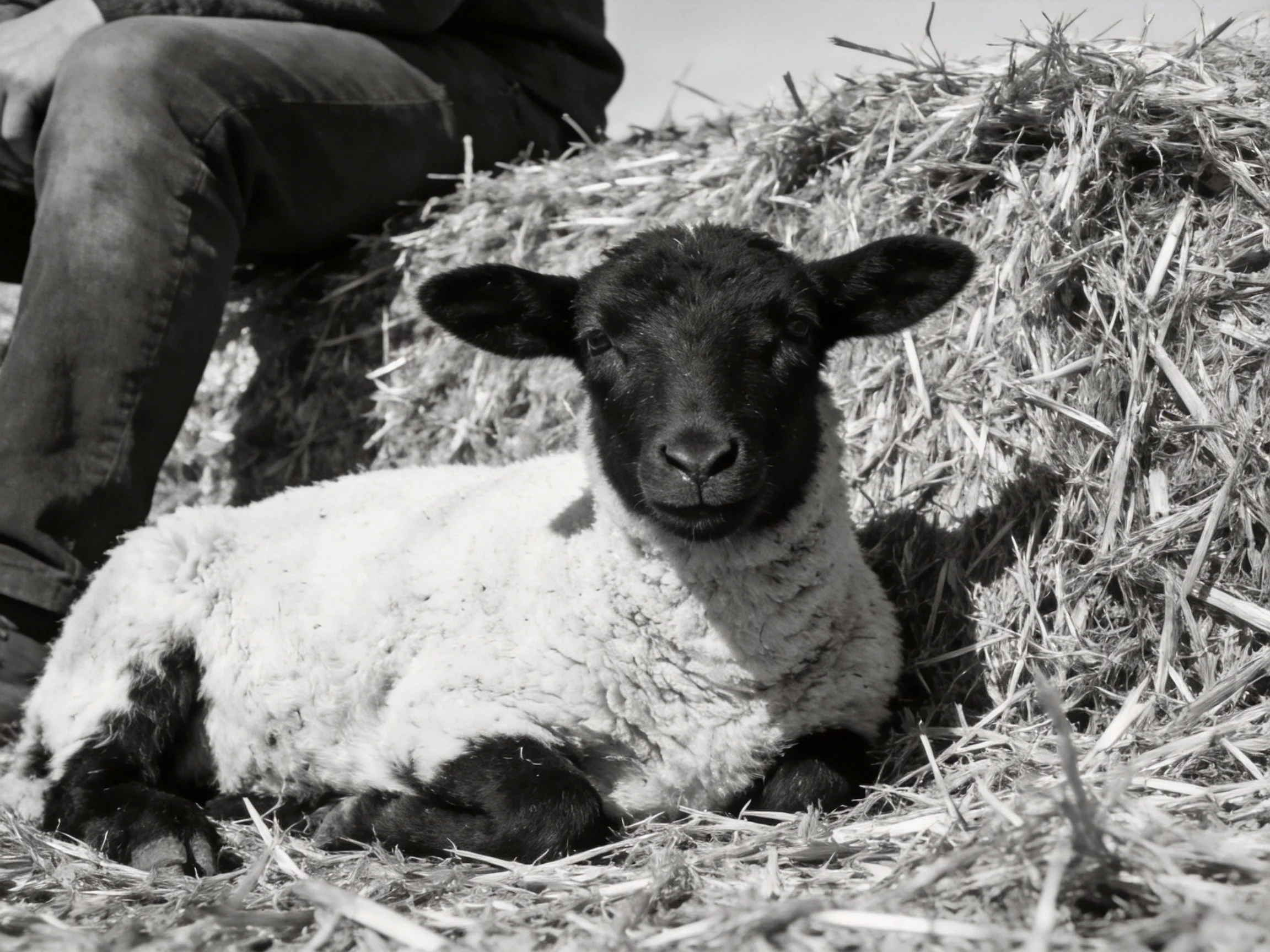 A Black-Faced Lamb Rests On Hay Near A Seated Person