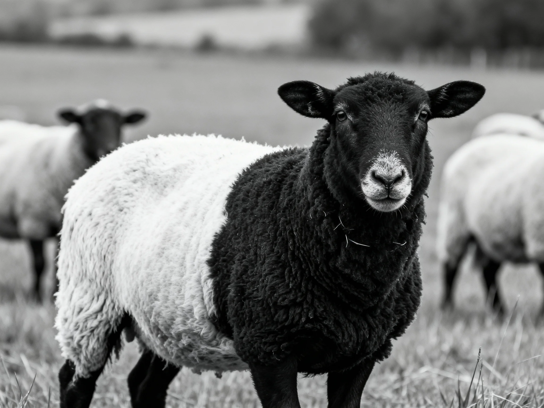 A Black-and-White Sheep in a Grassy Field Among Other Sheep