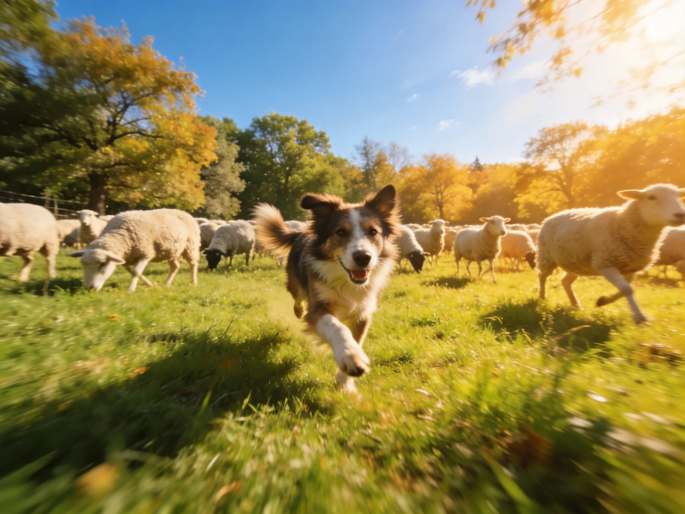A Border Collie Herding Sheep in a Sunlit Pasture