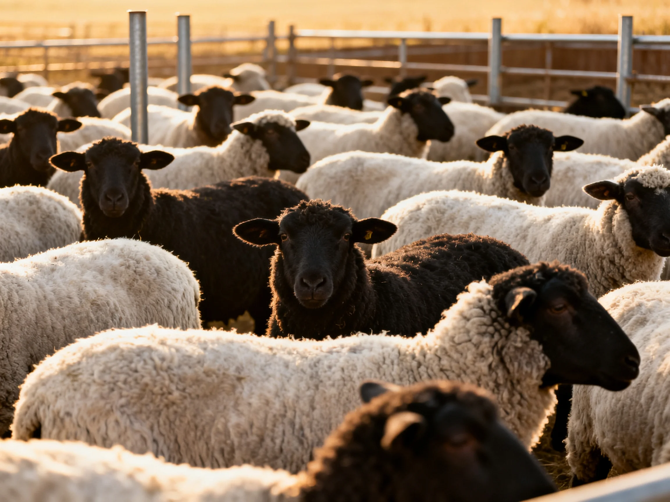 A Dense Flock of Black and White Sheep in a Sunlit Pen
