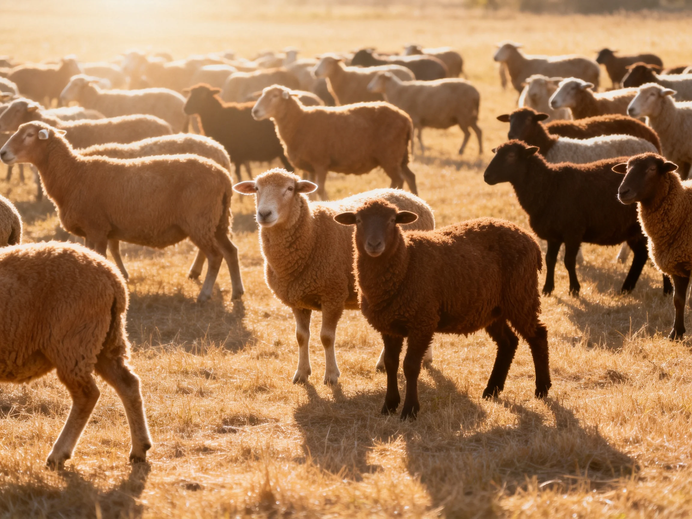 A Diverse Flock of Sheep in Golden-Hued Grassland