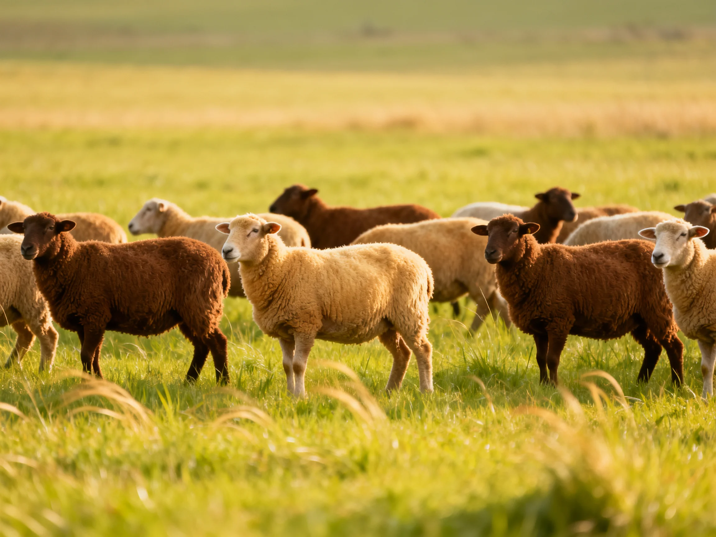 A Diverse Flock of Sheep in a Sunlit Green Pasture