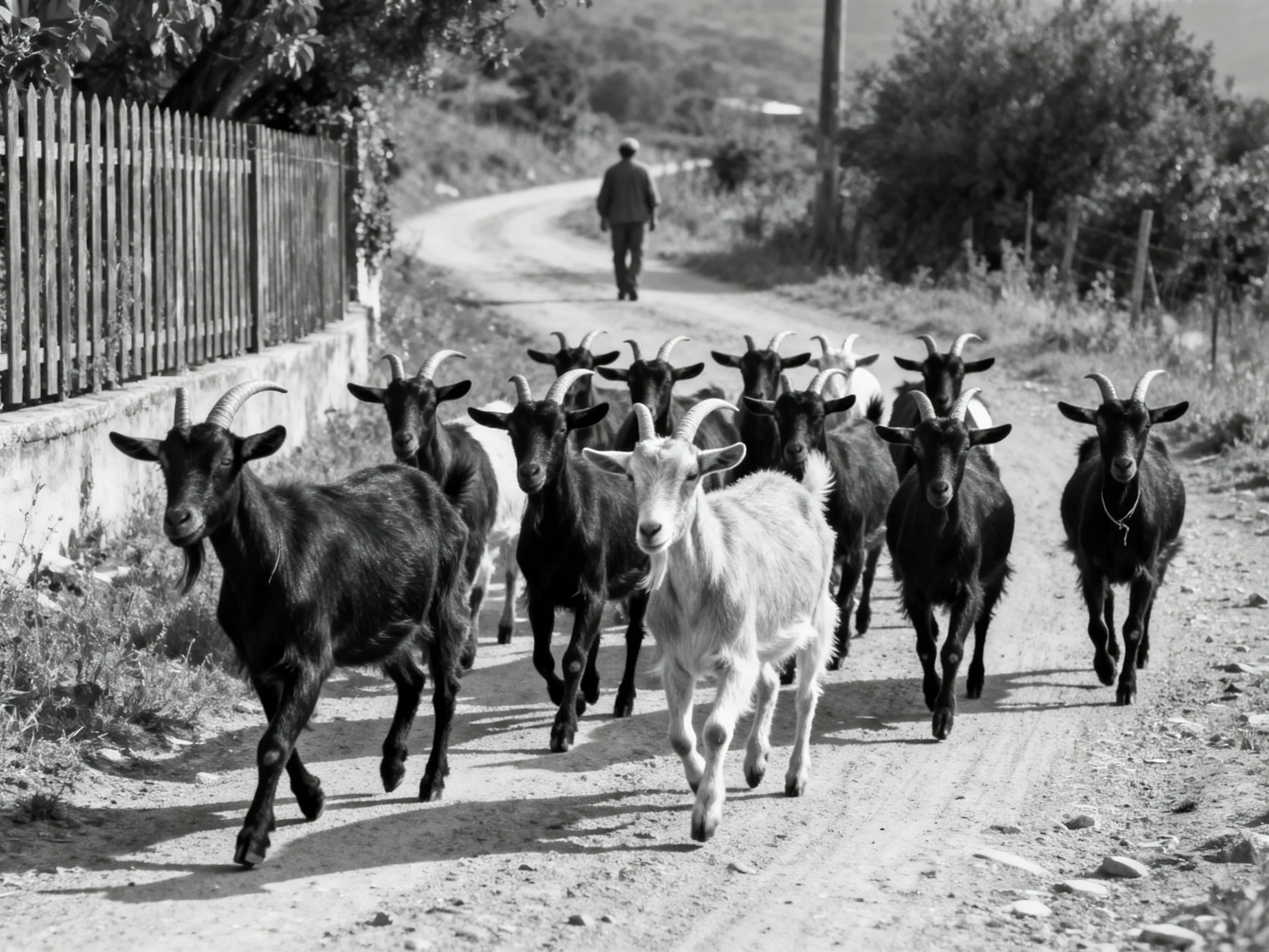 A Flock of Black Goats With One White Goat on Rural Road