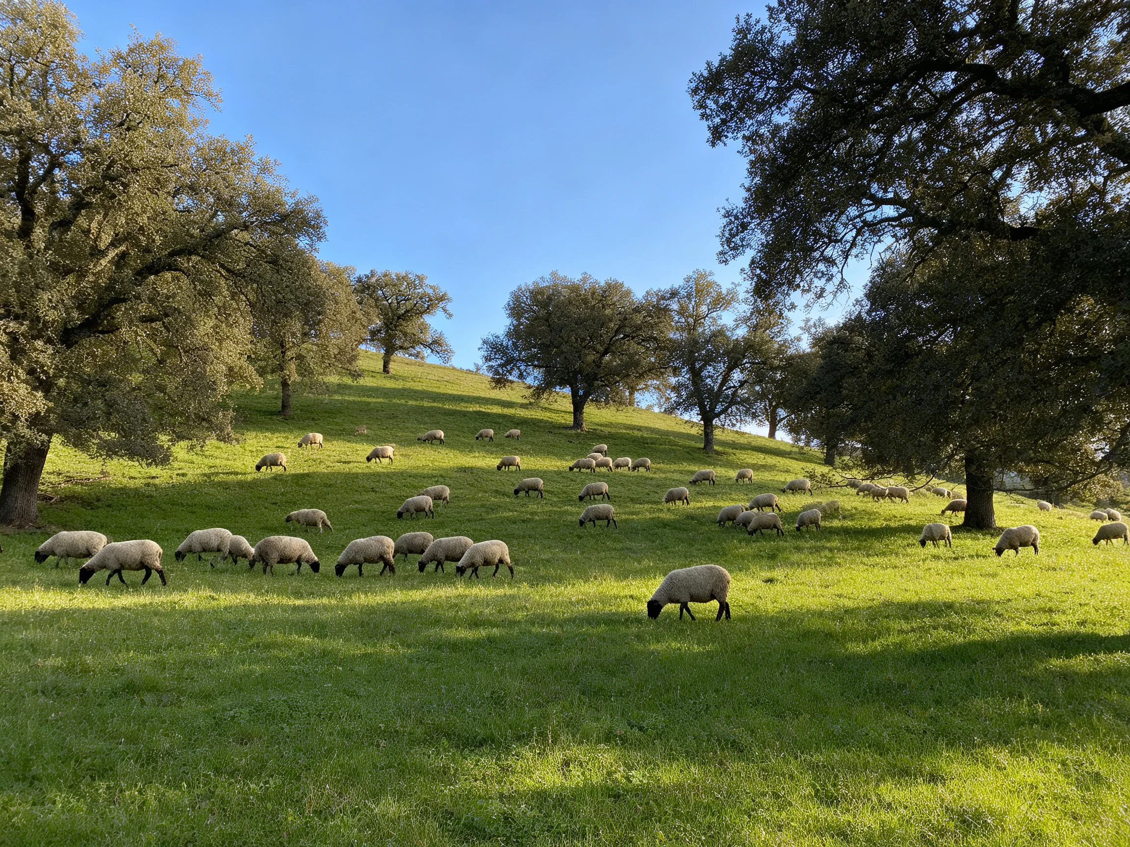 A Flock of Sheep Grazes on a Lush Green Hillside with Mature Trees