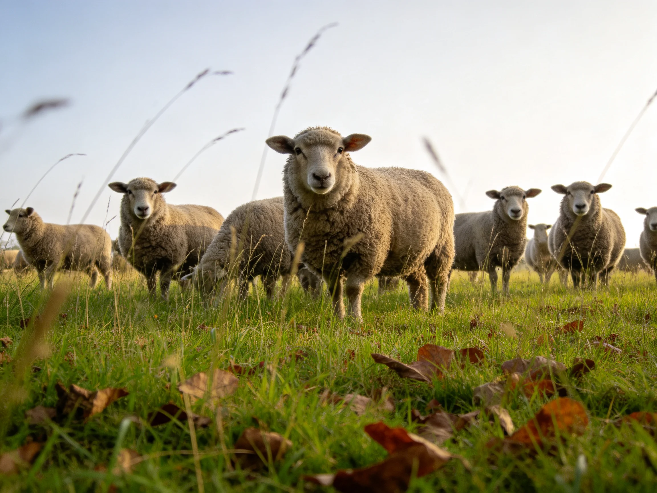 A Flock of Woolly Sheep in Lush Green Pasture Under Soft Light