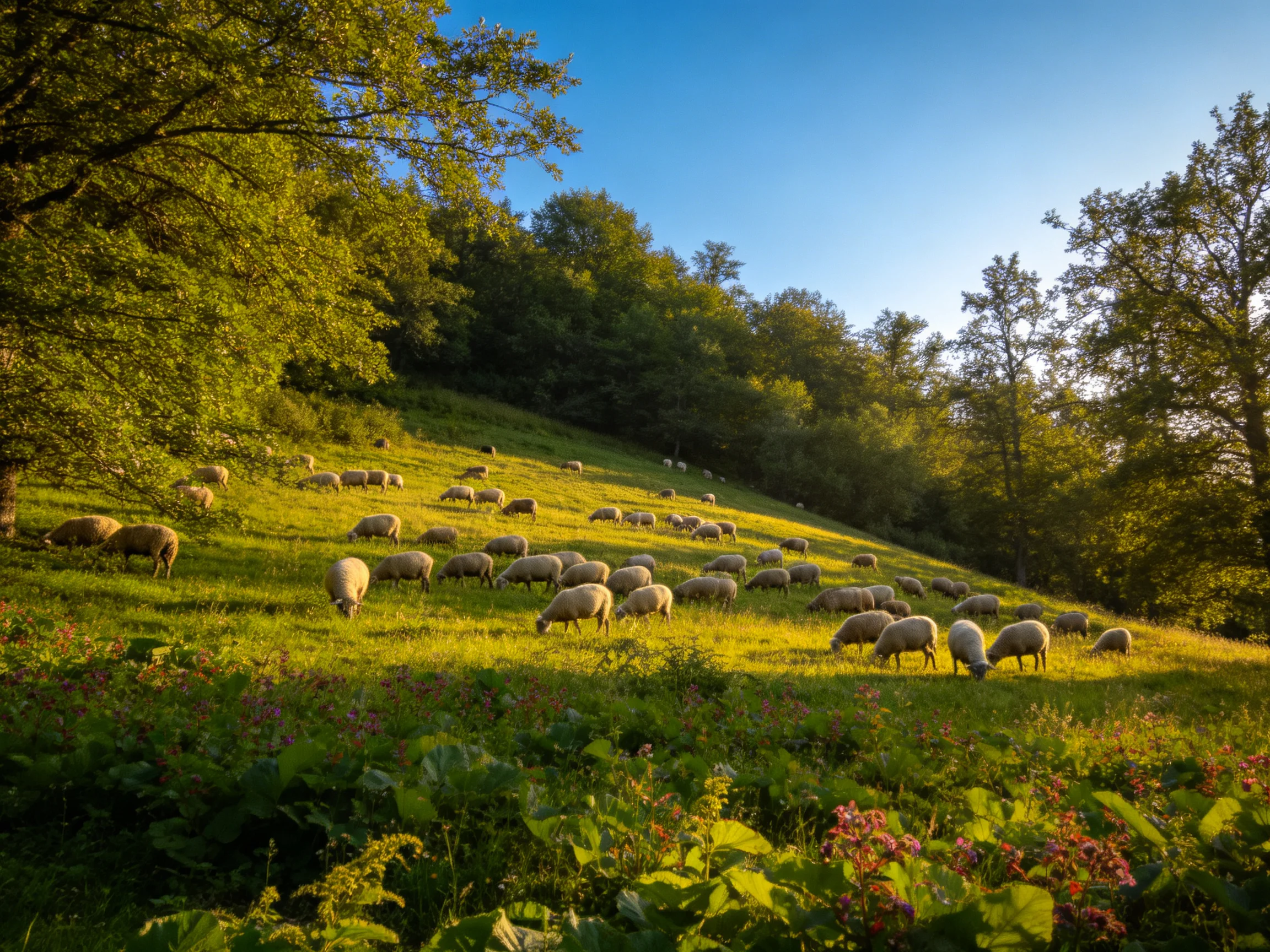 A Flock ofSheep Grazes in a Sunlit Green Meadow Near Trees