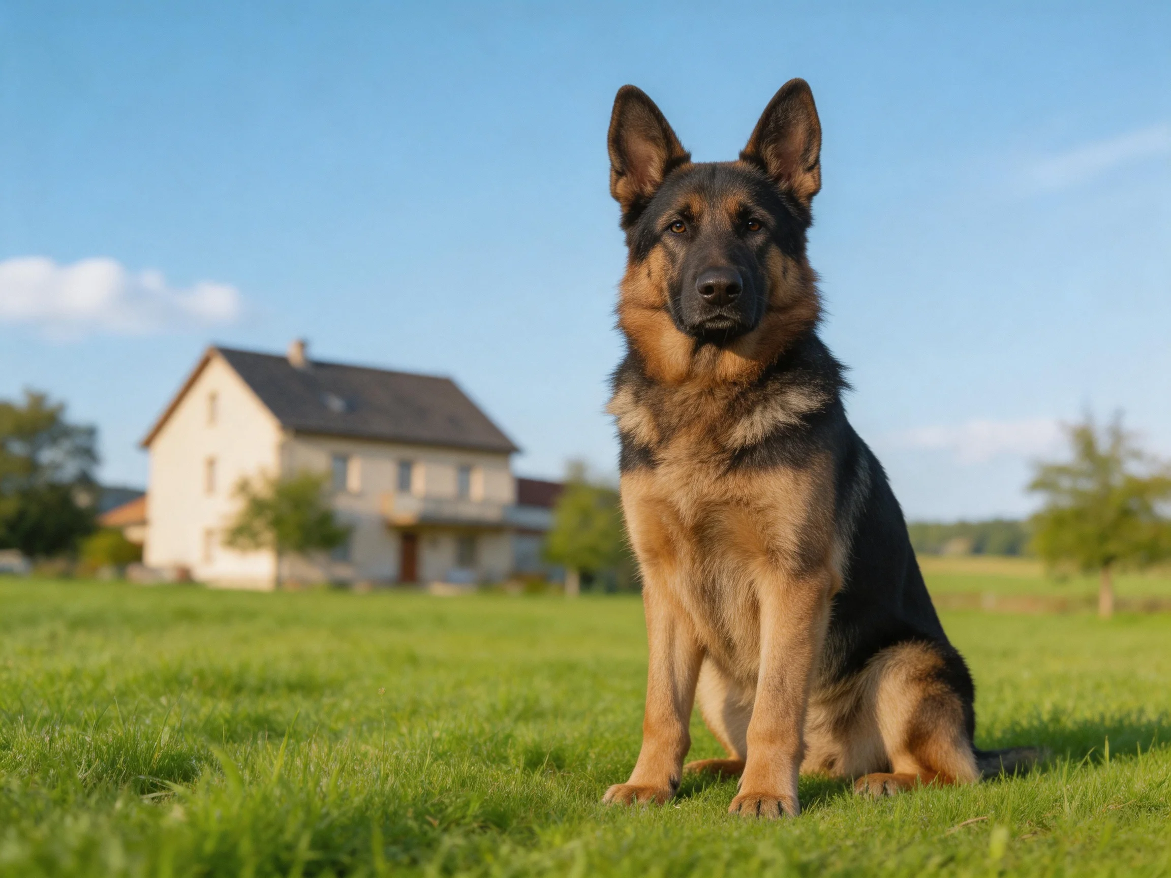 A German Shepherd sits on lush green grass near a two-story house