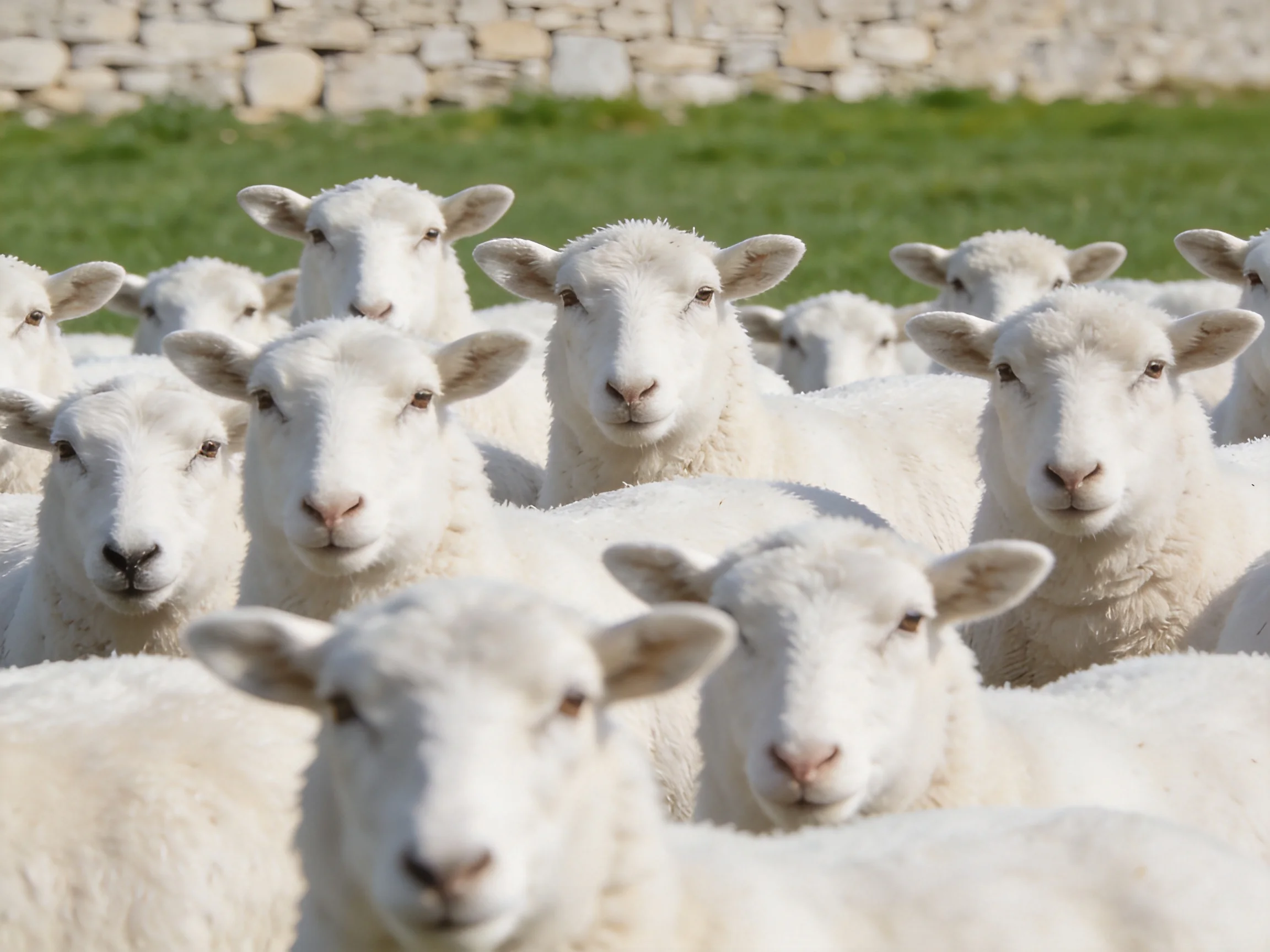 A Group of White Sheep Clustering Near a Stone Wall