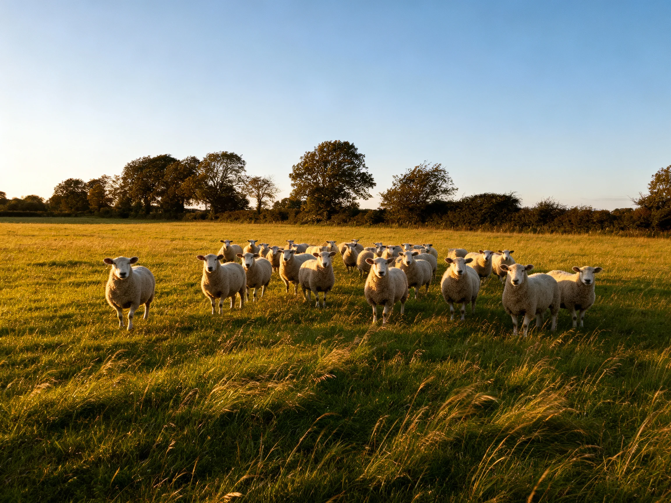 A Large Flock of White Sheep in a Golden-Hued Field