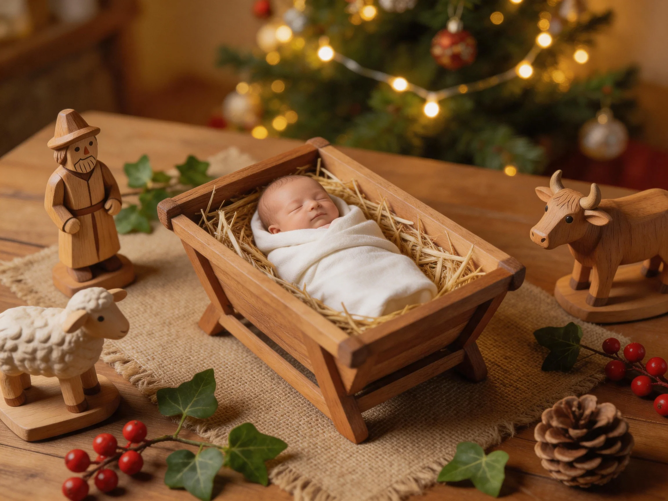 A Newborn in a Wooden Manger With Nativity Figurines Near a Lit Christmas Tree