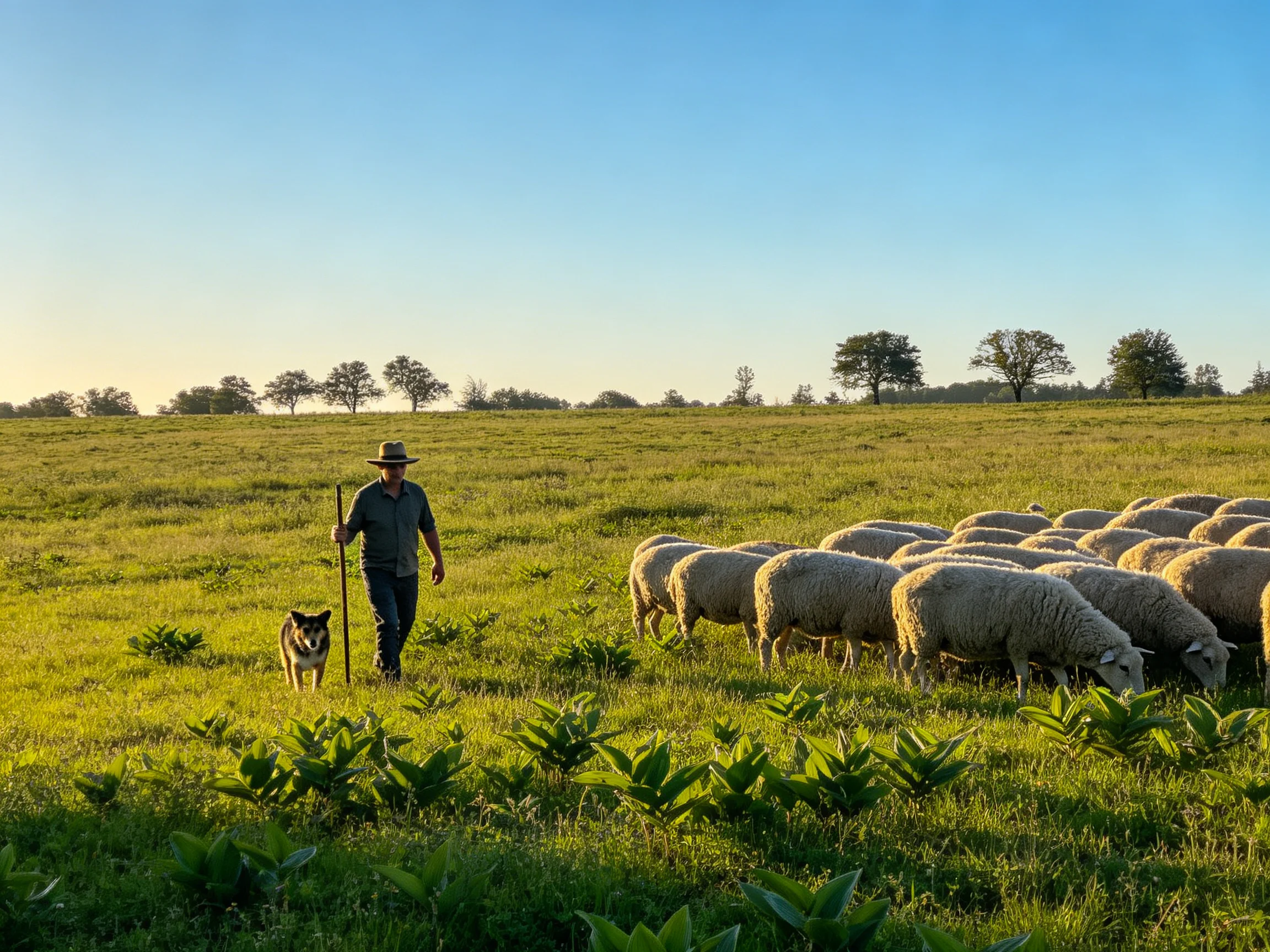 A Shepherd, Dog, and Flock of Sheep in a Sunlit Field