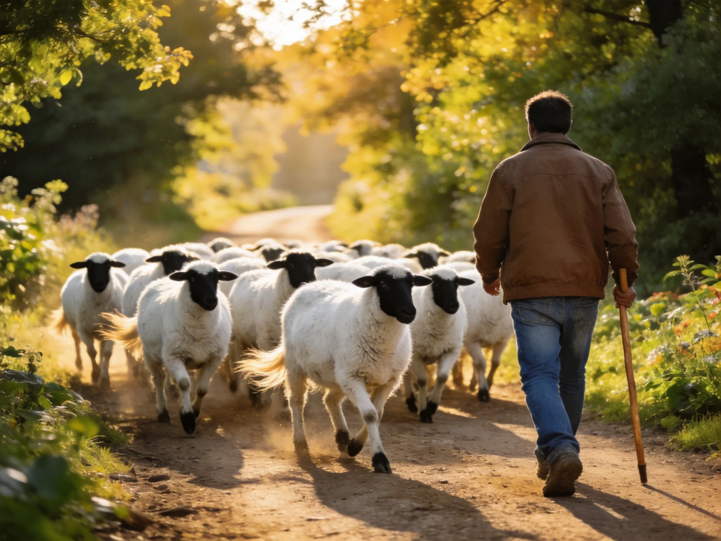 A Shepherd Herding Black-Faced Sheep Along a Sunlit Dirt Road